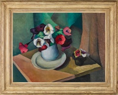 Floral Still Life, Oil on Canvas, Signed 1928, Cubist Influence, 18x24