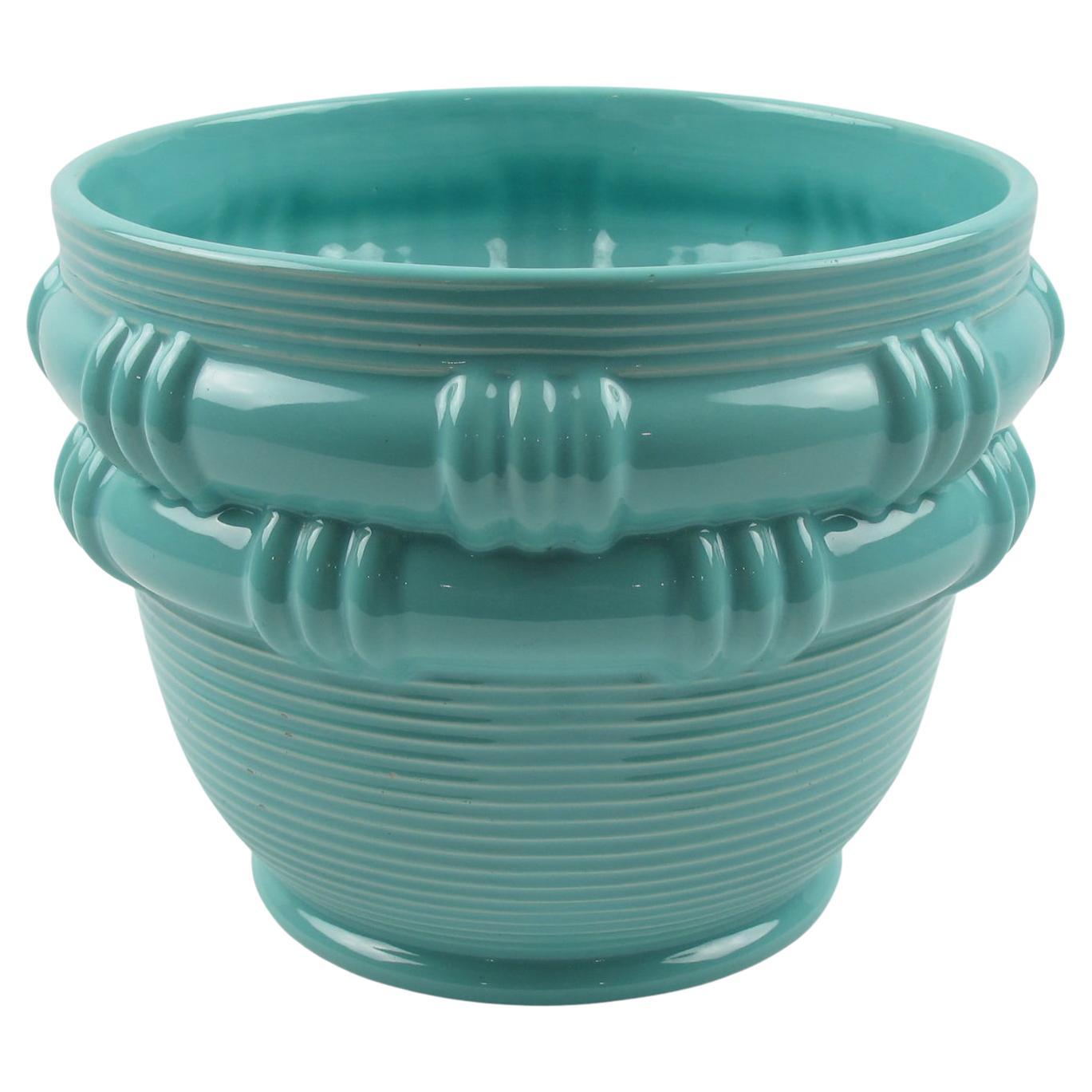 Blanche Letalle for Saint Clement Turquoise Ceramic Vase Planter, 1950s