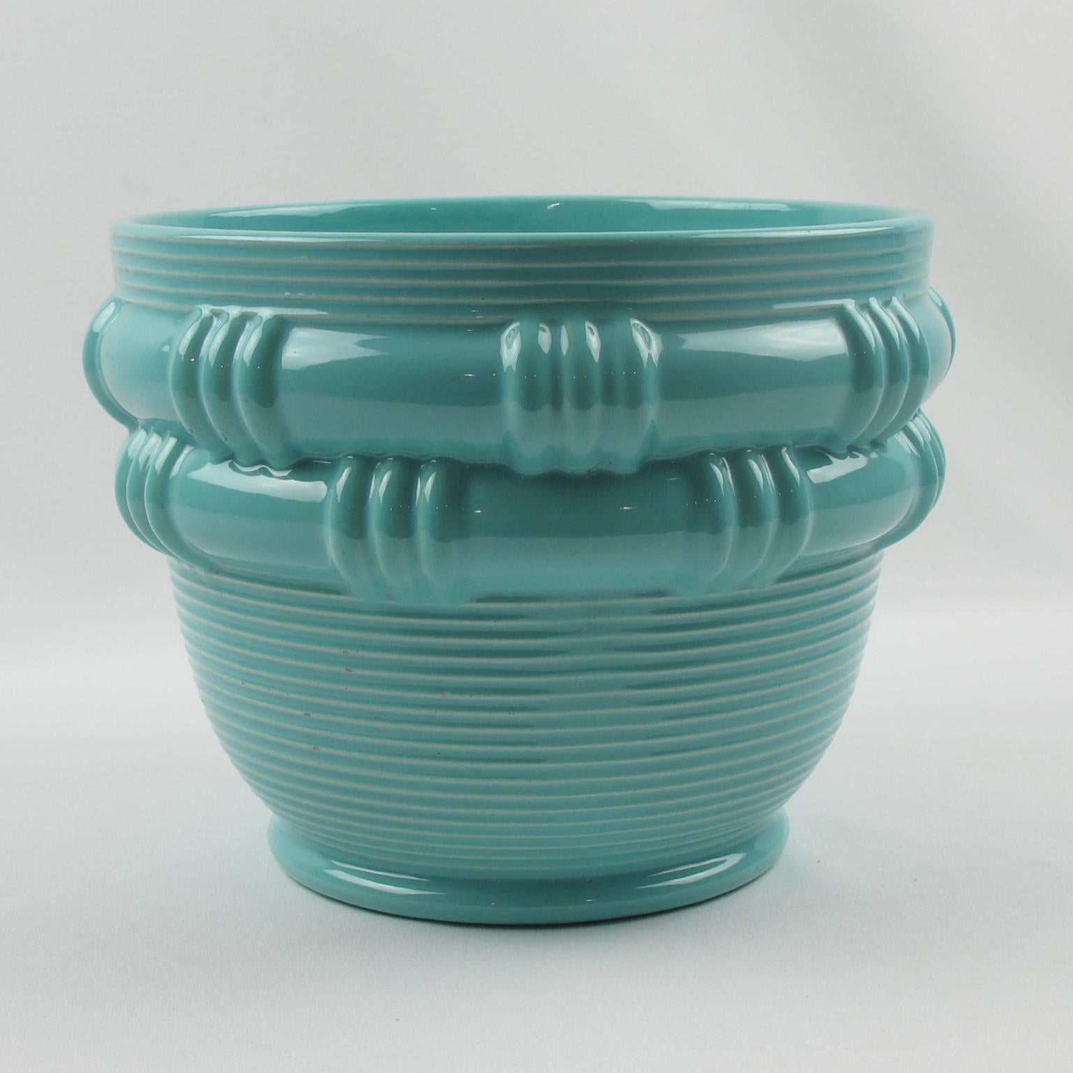 Mid-Century moderno Fioriera in ceramica turchese Blanche Letalle per Saint Clement, anni '50 in vendita