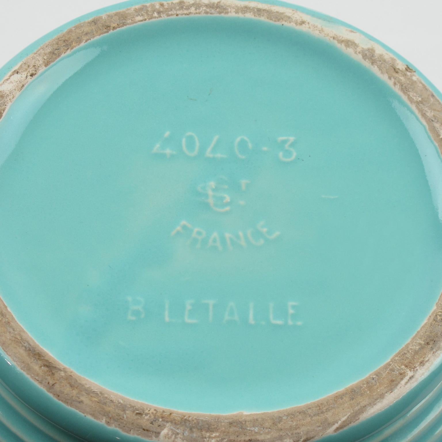 Blanche Letalle für Saint Clement, türkisfarbene Keramikvase, Pflanzgefäß, 1950er Jahre (Französisch) im Angebot