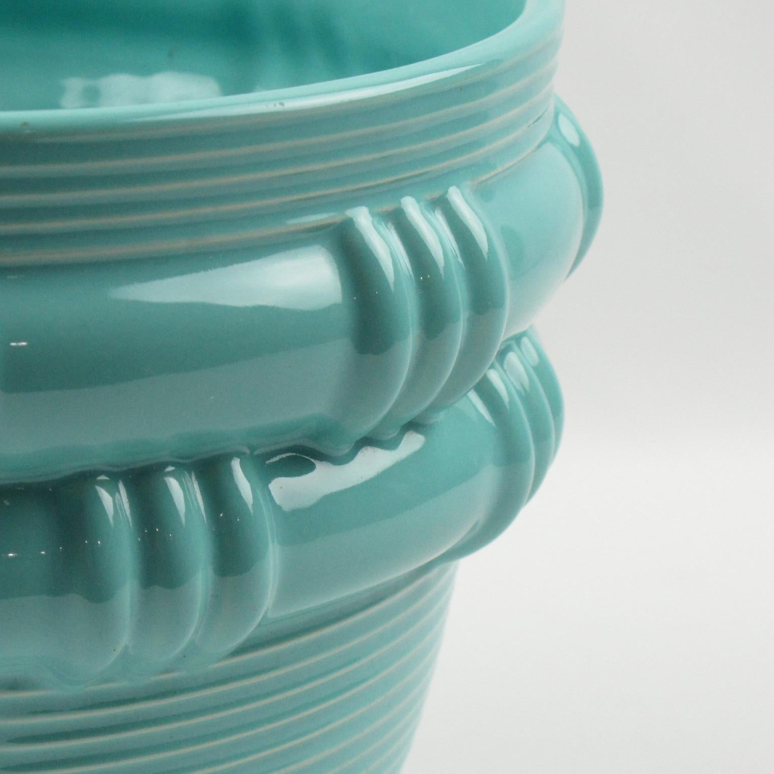 Francese Fioriera in ceramica turchese Blanche Letalle per Saint Clement, anni '50 in vendita