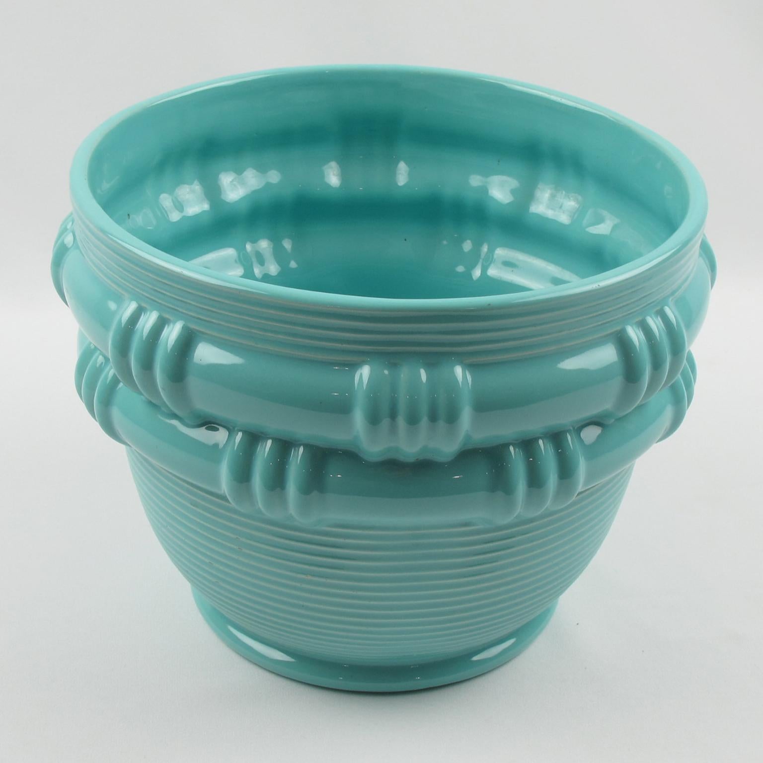 Mid-20th Century Blanche Letalle for Saint Clement Turquoise Ceramic Vase Planter, 1950s For Sale