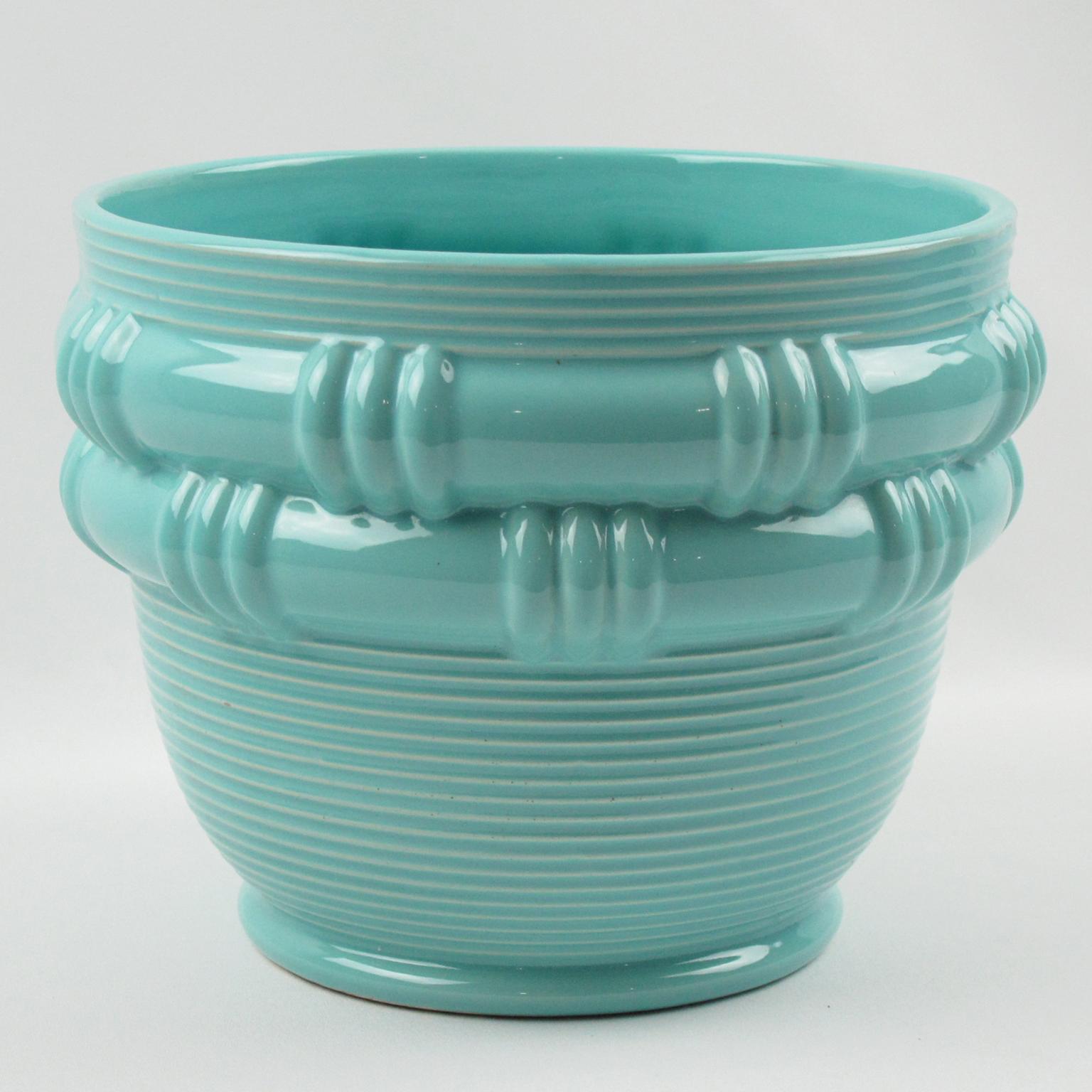 Blanche Letalle for Saint Clement Turquoise Ceramic Vase Planter, 1950s For Sale 1