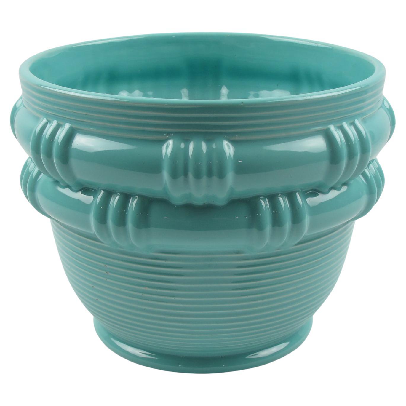Blanche Letalle for Saint Clement Turquoise Ceramic Vase Planter, 1950s For Sale