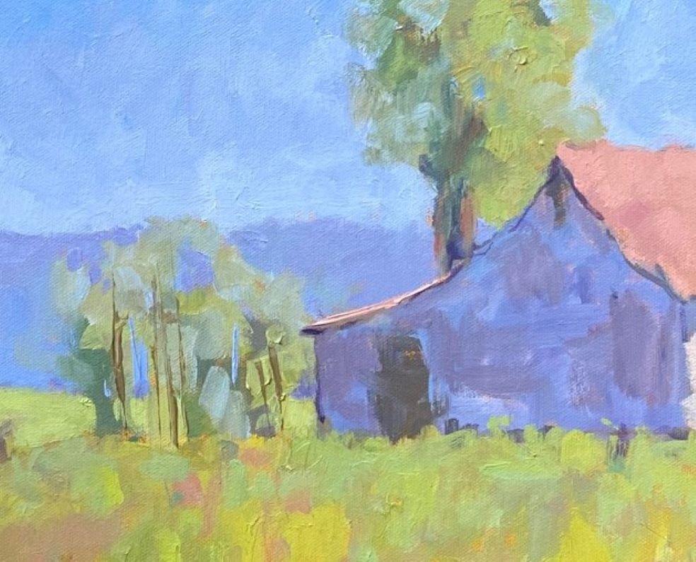 Pasture d'été, peinture à l'huile originale de paysage expressionniste contemporaine - Marron Abstract Painting par Blanche McAlister Harris