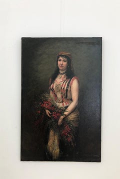 Young woman in oriental costume and flower bouquet