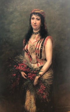 Young woman in oriental costume and flower bouquet
