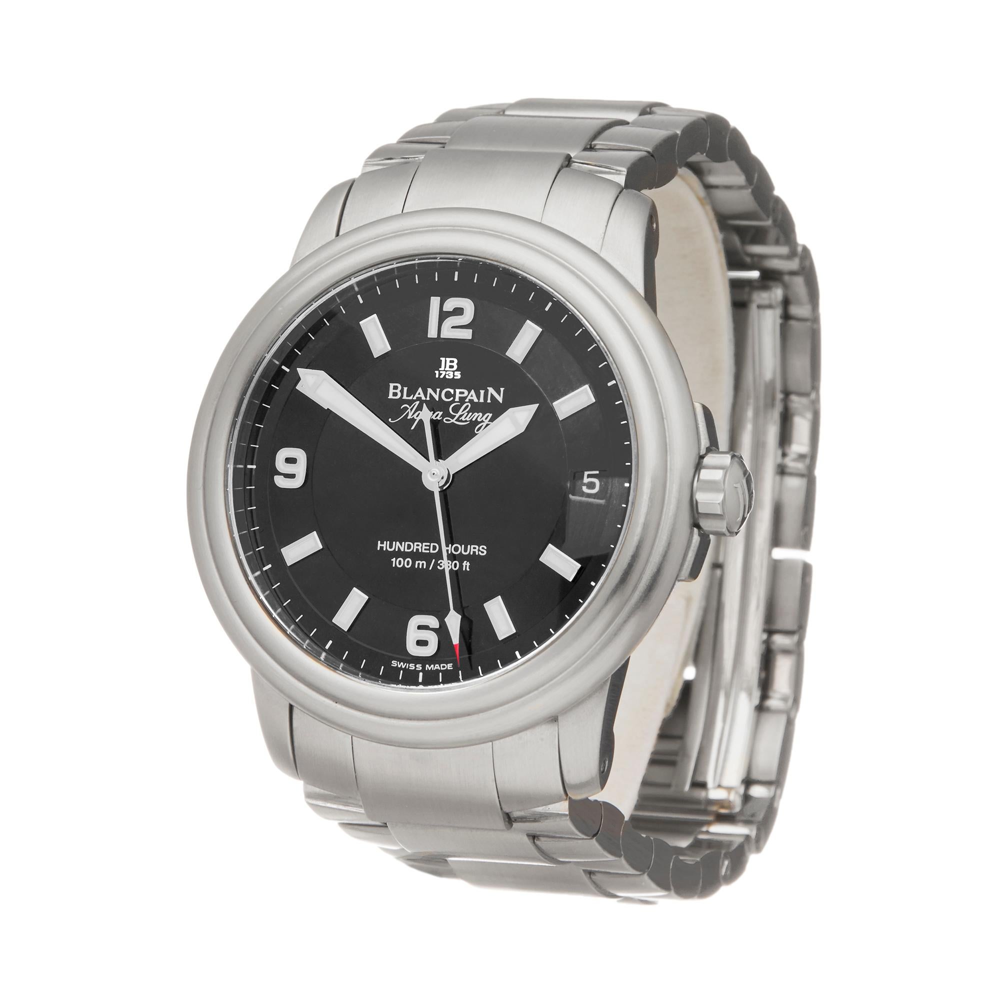 Reference: COM2076
Manufacturer: Blancpain
Model: Aqua Lung
Model Reference: 2100-1130A-71
Age: Circa 2000's
Gender: Men's
Box and Papers: Box Only
Dial: Black Arabic
Glass: Sapphire Crystal
Movement: Automatic
Water Resistance: To Manufacturers