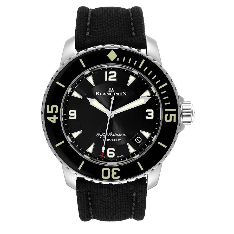 Blancpain Fifty Fathoms Automatic Steel Black Dial Mens Watch 5015 Box Card. Automatic self-winding movement. Calibre 1315. Stainless steel case 45.0 mm in diameter. Blancpain logo on a screw down crown. Black uni-directional turning bezel with a