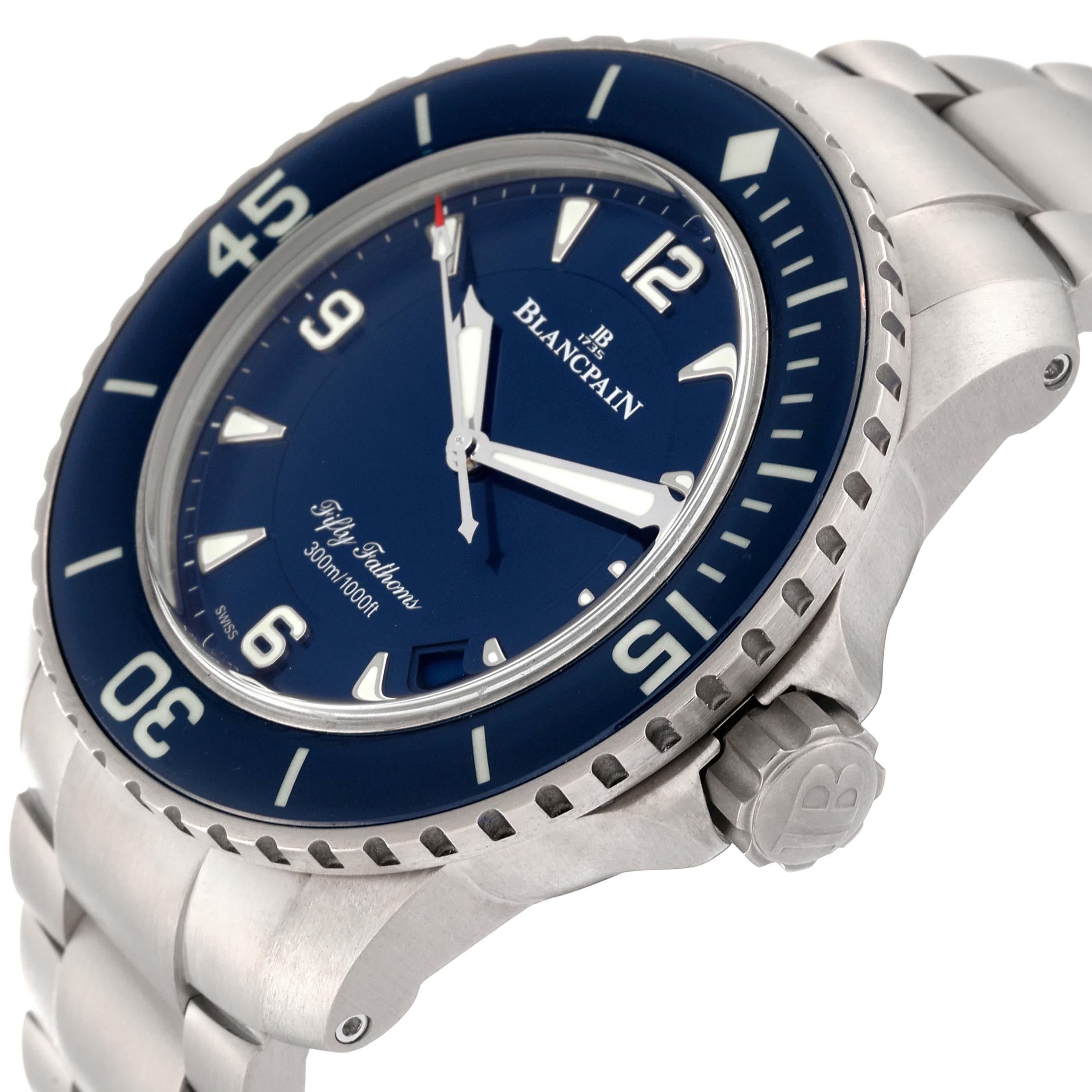 Men's Blancpain Fifty Fathoms Automatic Titanium Blue Dial Mens Watch 5015 Box Card For Sale