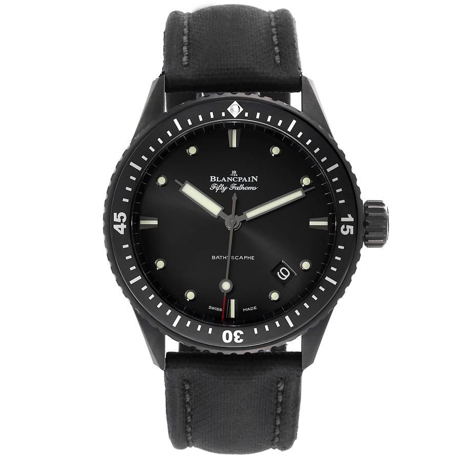 Blancpain Fifty Fathoms Bathyscaphe Black Ceramic Mens Watch 5000 Box Card. Automatic self-winding movement. Caliber 1315. Stainless steel case 43.6mm in diameter. Case thickness: 13.8 mm. Exhibition sapphire case back. Black ceramic uni-directional