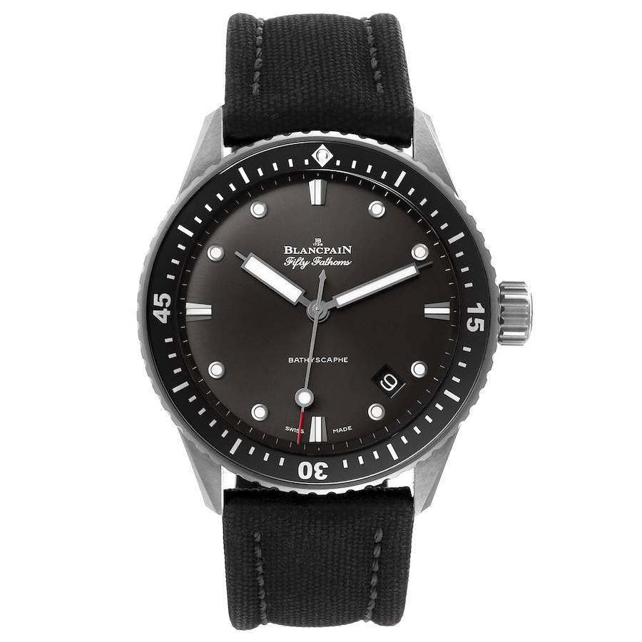 Blancpain Fifty Fathoms Bathyscaphe Ceramic Gray Dial Mens Watch 5000 Box Card. Automatic self-winding movement. Caliber 1315. Stainless steel case 43.0 mm in diameter. Case thickness: 13.4 mm. Exhibition sapphire case back. Black coin edge