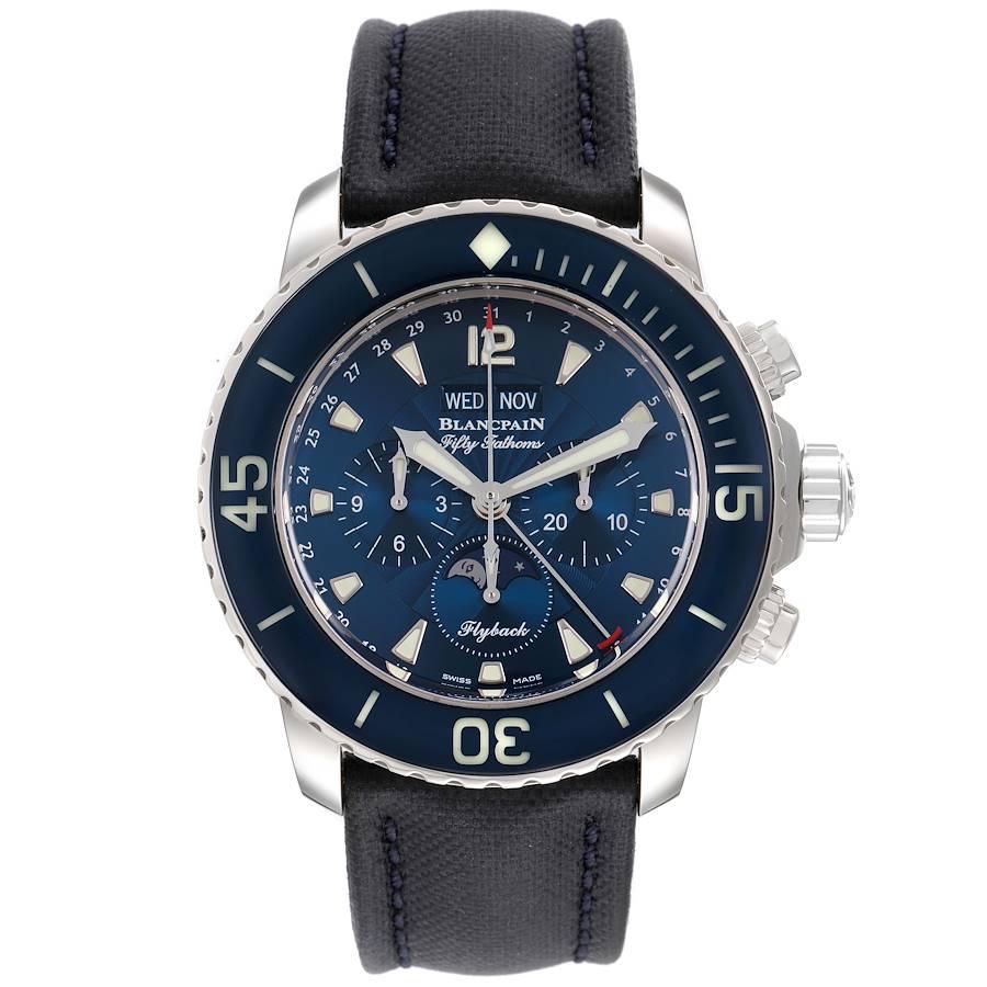 Blancpain Fifty Fathoms Flyback Moonphase Mens Watch 5066f-1140-52b Box Card. Automatic self-winding movement. Calibre 66BF8. Features a 