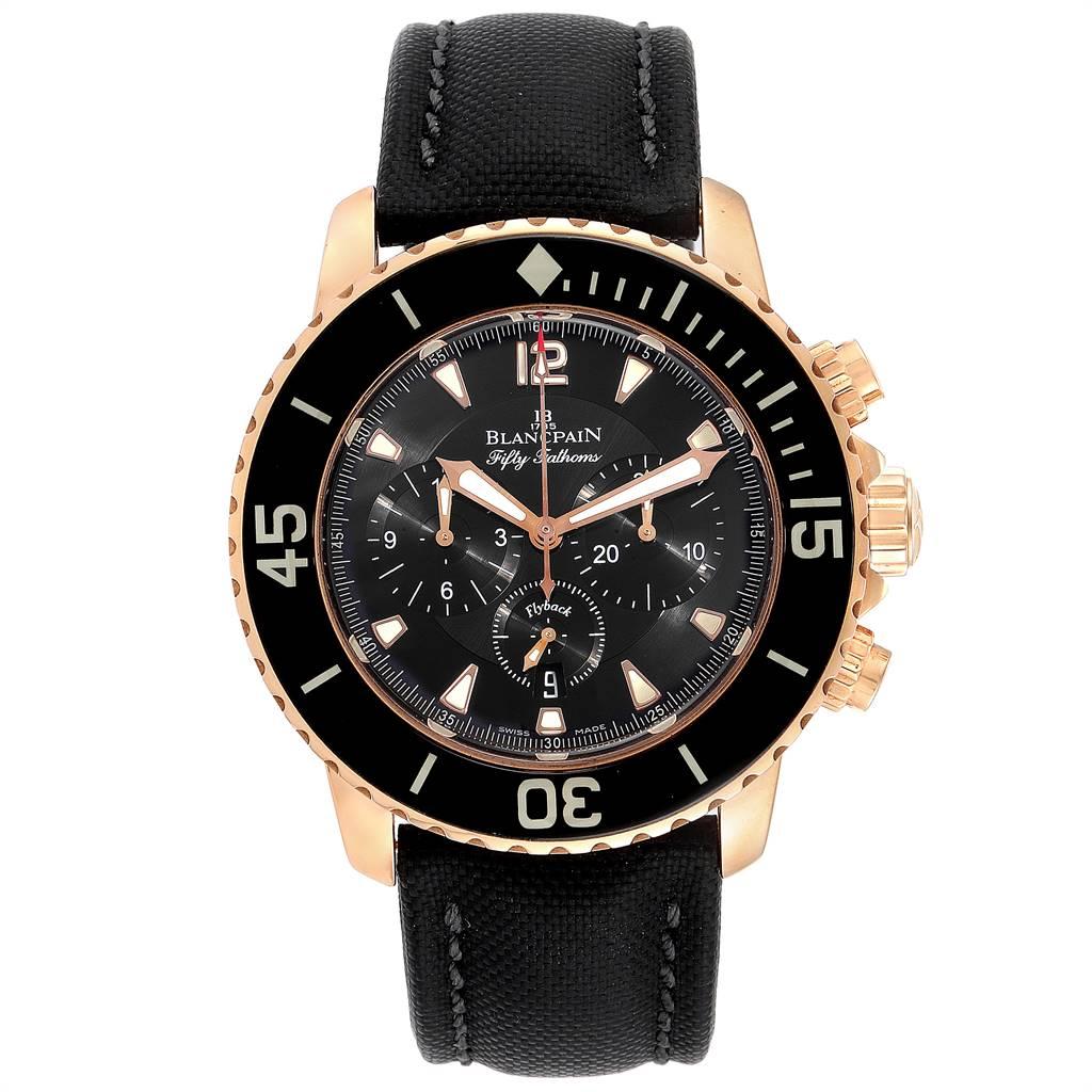 Blancpain Fifty Fathoms Flyback Rose Gold Chronograph Mens Watch 5085F. Automatic self-winding chronograph movement. 18K rose gold anti-magnetic case 45.0 mm in diameter. Case thickness: 15.5 mm. Black uni-directional turning bezel with a sapphire