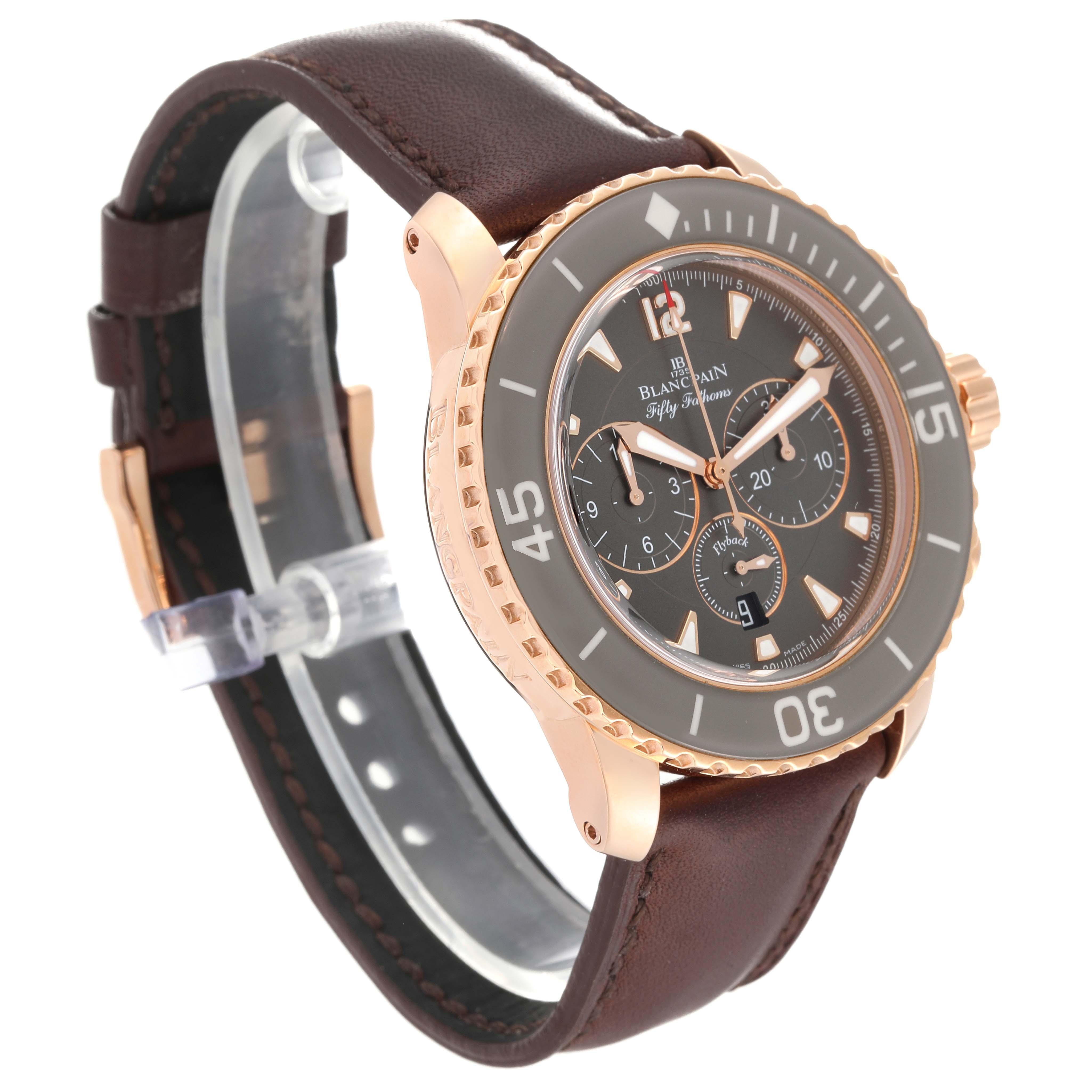 Blancpain Fifty Fathoms Flyback Rose Gold Grey Dial Mens Watch 5085F Box Card. Automatic self-winding chronograph movement. 18K rose gold case 45.0 mm in diameter. Case thickness: 15.5 mm. Exhibition transparent sapphire crystal caseback. 18k rose