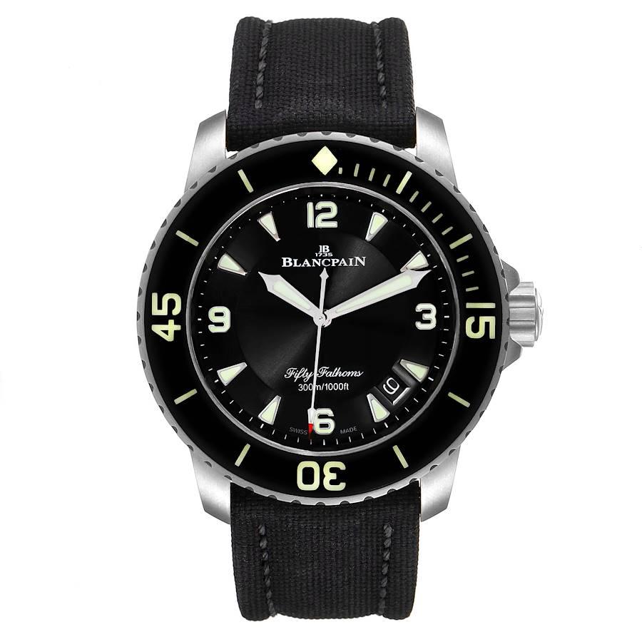 Blancpain Fifty Fathoms Steel Mens Watch 5015-1130-71 Box Card. Automatic self-winding movement. Calibre 1315. Stainless steel case 45.0 mm in diameter. Anti-Magnetic Case. Black uni-directional turning bezel with a sapphire crystal cap. Scratch