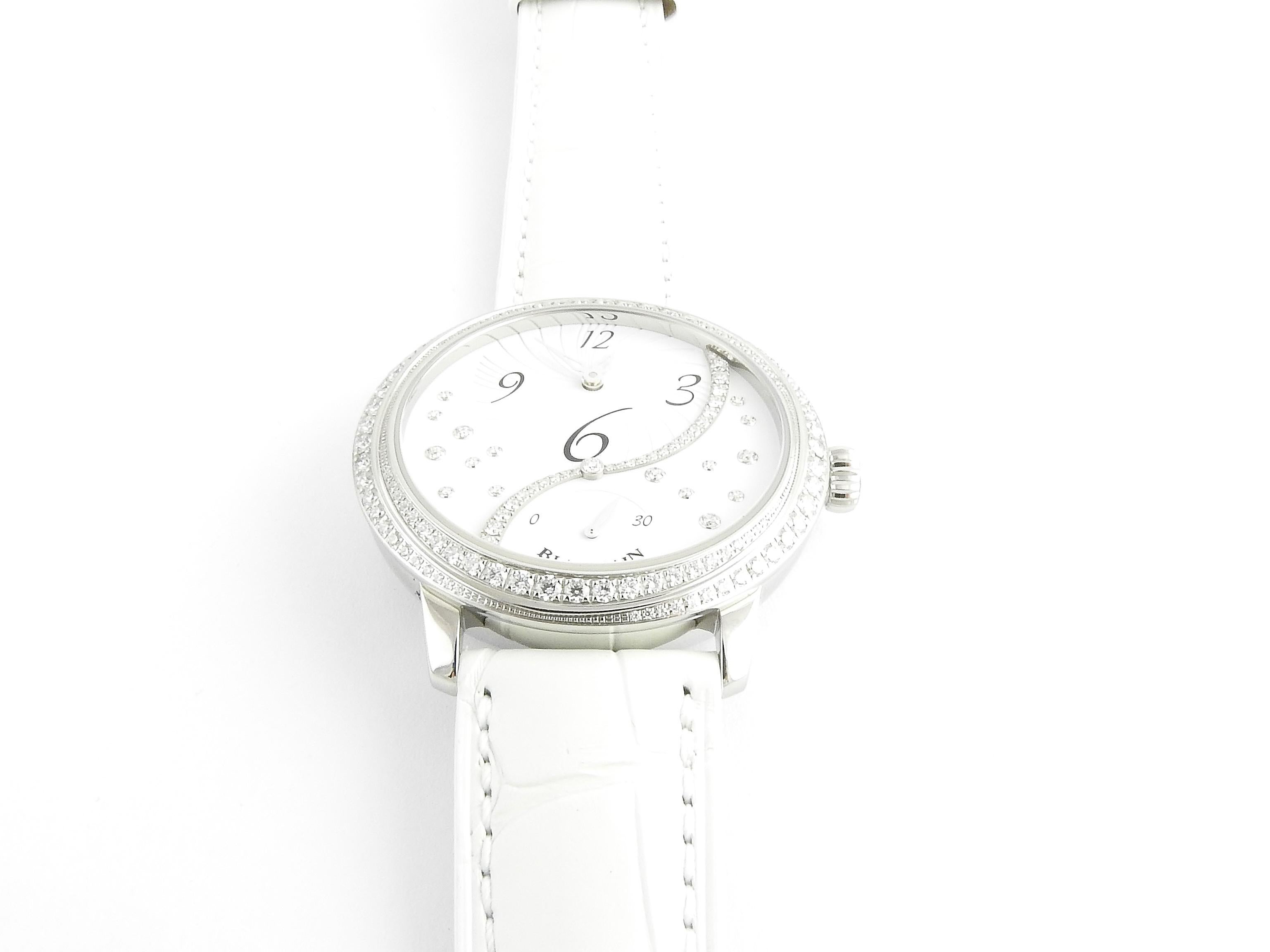 Round Cut Blancpain Heure Decentree Diamond Stainless Ladies Watch White Dial Automatic