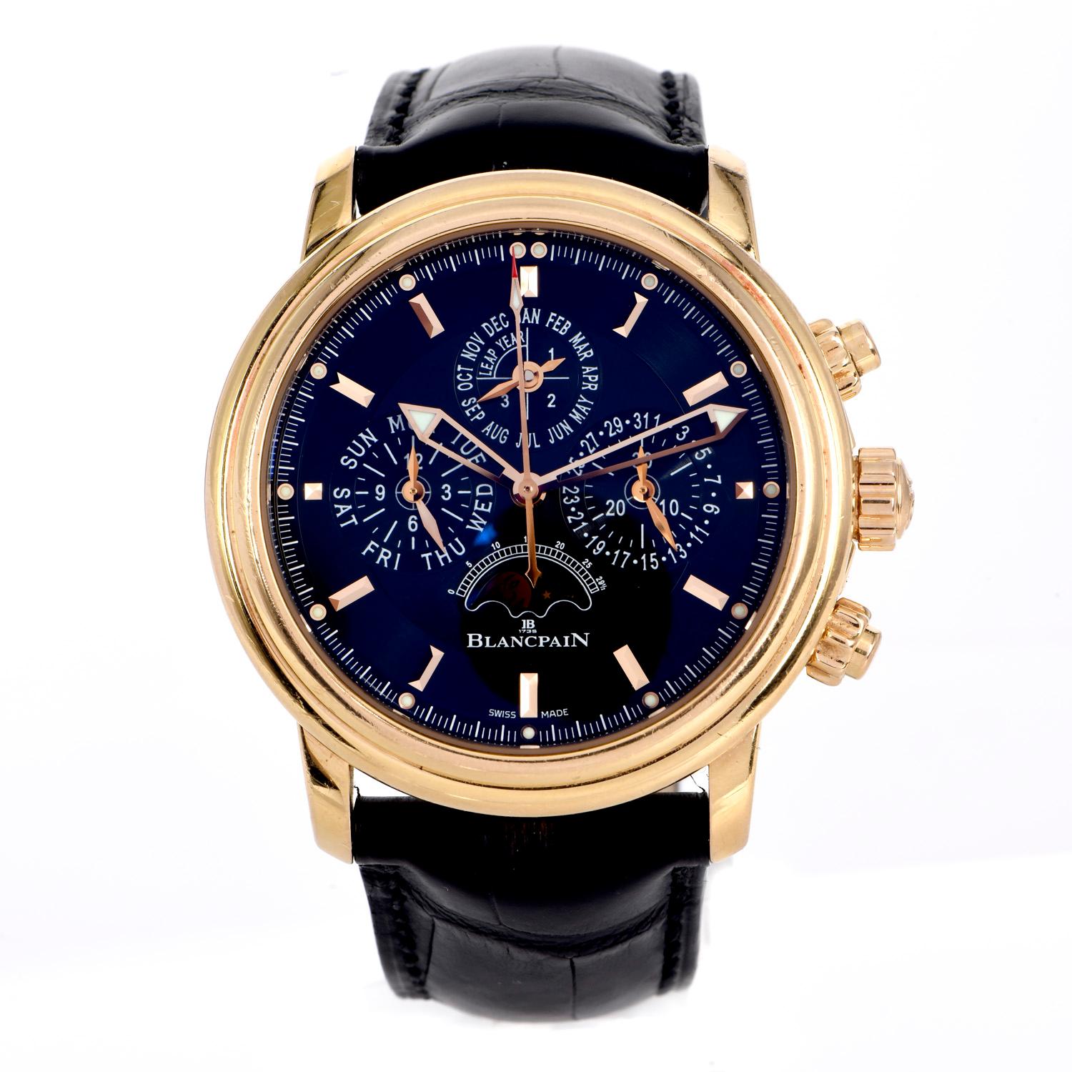 From the luxury prestige, Swiss watch brand Blancpain,

We present this Leman Flyback Chrono Perpetual Calendar in 18k rose gold men's watch.

 With date, month & moon phase functions, Automatic Chronograph movement, 40mm case size. Ref 2685F. Circa