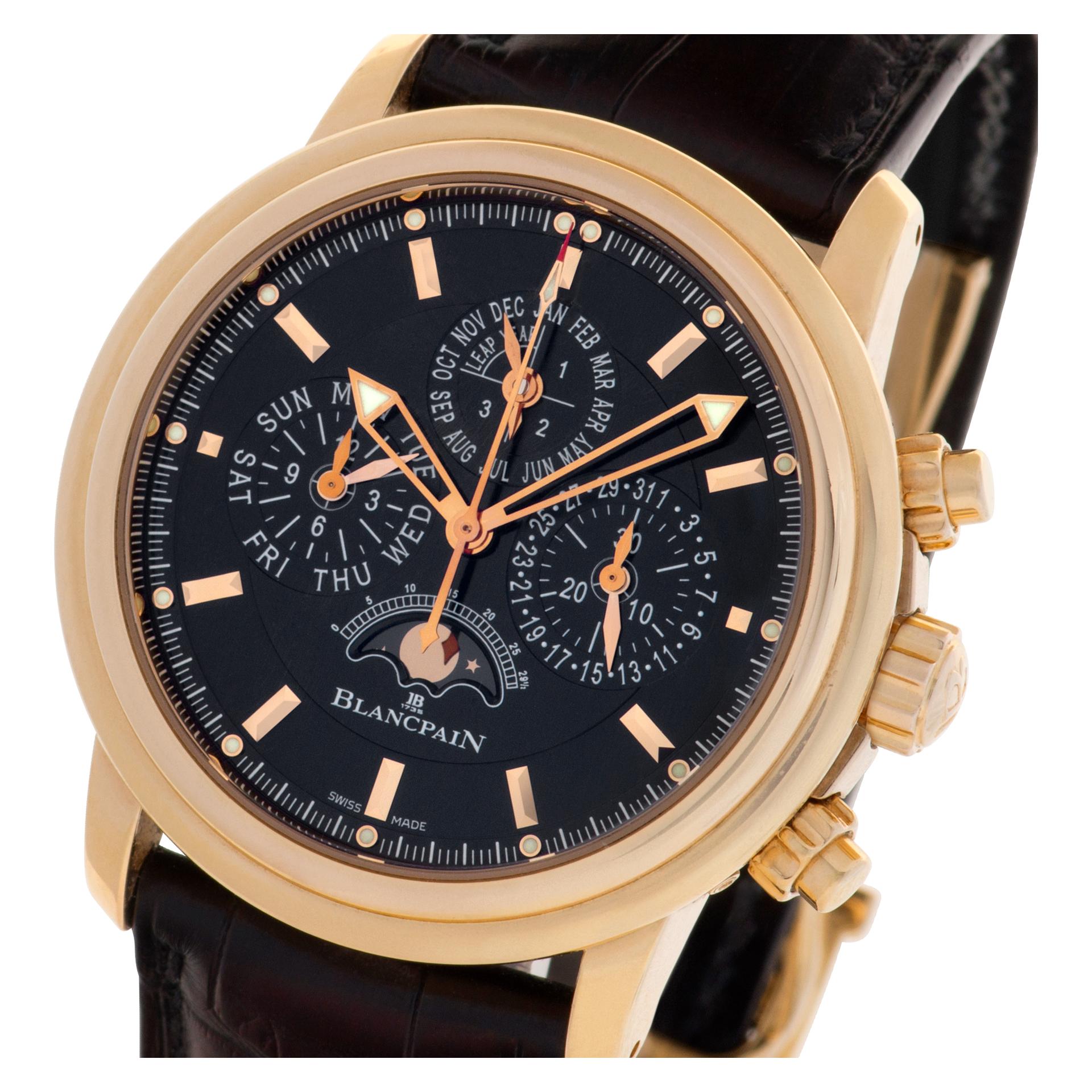 ESTIMATED RETAIL $49,200 - YOUR PRICE $29,700 - Blancpain Leman Flyback Chrono Perpetual Calendar in 18k rose gold. Auto w/ flyback chronograph (with 30-minute and 12-hour counters) complications and perpetual calendar (with date, month, day of the