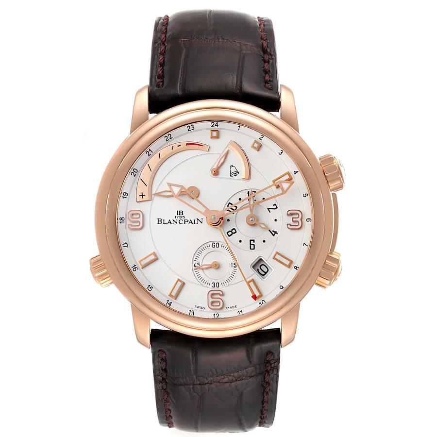 Blancpain Leman Reveil GMT Alarm 18k Rose Gold Mens Watch 2841-3642-53B. Automatic self-winding movement. 18k rose gold case 40.0 mm in diameter. Case thickness: 13.30 mm. Exhibition case back. 18k rose gold smooth bezel. Scratch resistant sapphire