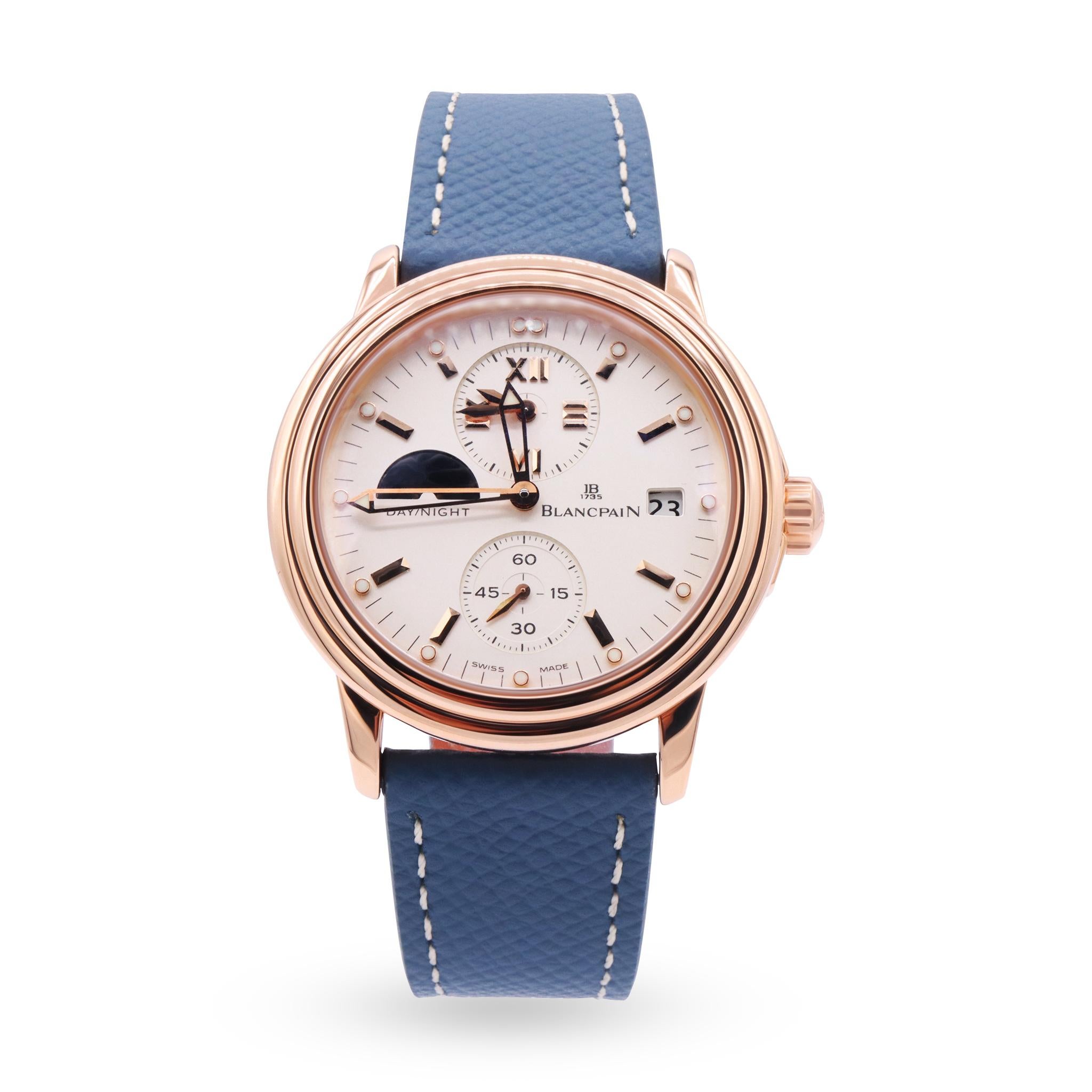 Blancpain Léman Time Zone  18K Rose Gold Limited Edition Date Day & Night watch
For more details leave us a message

Model              
Leman
Reference Number
2160-3642-58
Gender
Unisex
Metal
18K Rose Gold
Case Size
38 mm
Wrist Size
This watch will