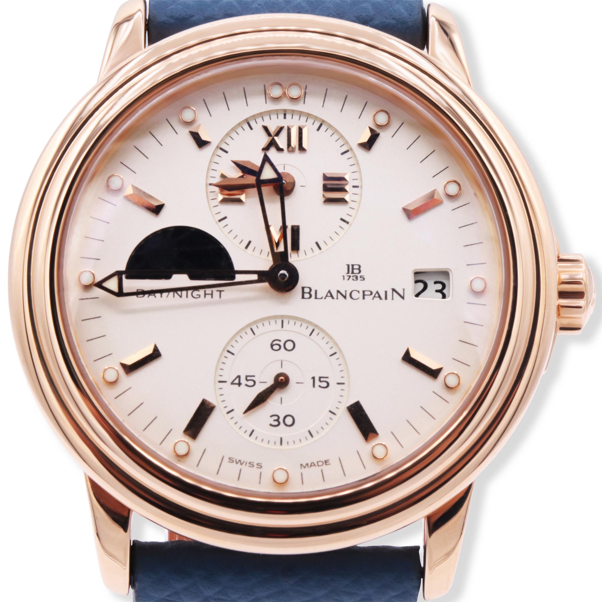 Women's or Men's Blancpain Léman Time Zone  18K Rose Gold Limited Edition Date Day & Night watch For Sale