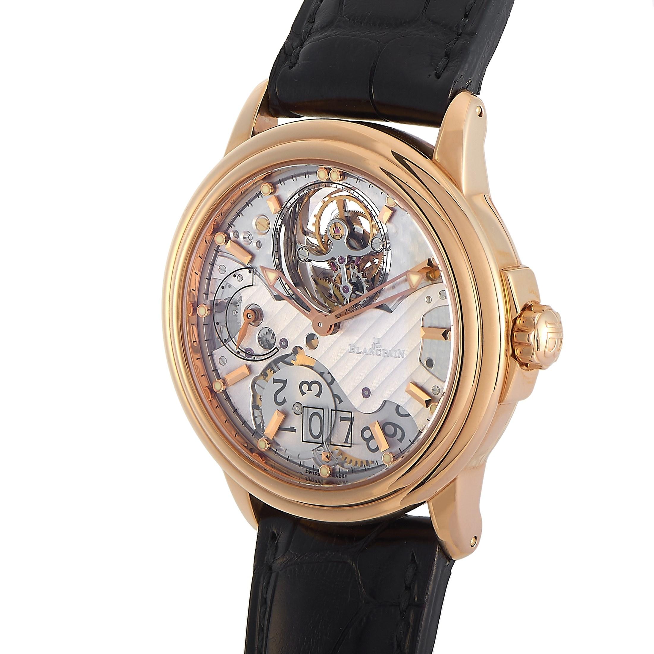 The Blancpain Tourbillon Transparence Watch, reference number 28825-3600-53B, puts the timepiece’s breathtaking mechanics on display. 

This watch features a 38mm round case and fixed bezel made from opulent 18K Rose Gold, which contrasts