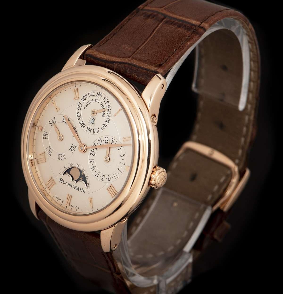 An 18k Rose Gold Leman Villeret Perpetual Calendar Gents Wristwatch, silver dial with applied roman numerals, date sub-dial at 3 0'clock, moonphase and power reserve indicator at 6 0'clock, weekday sub-dial at 9 0'clock, month and leap year sub-dial