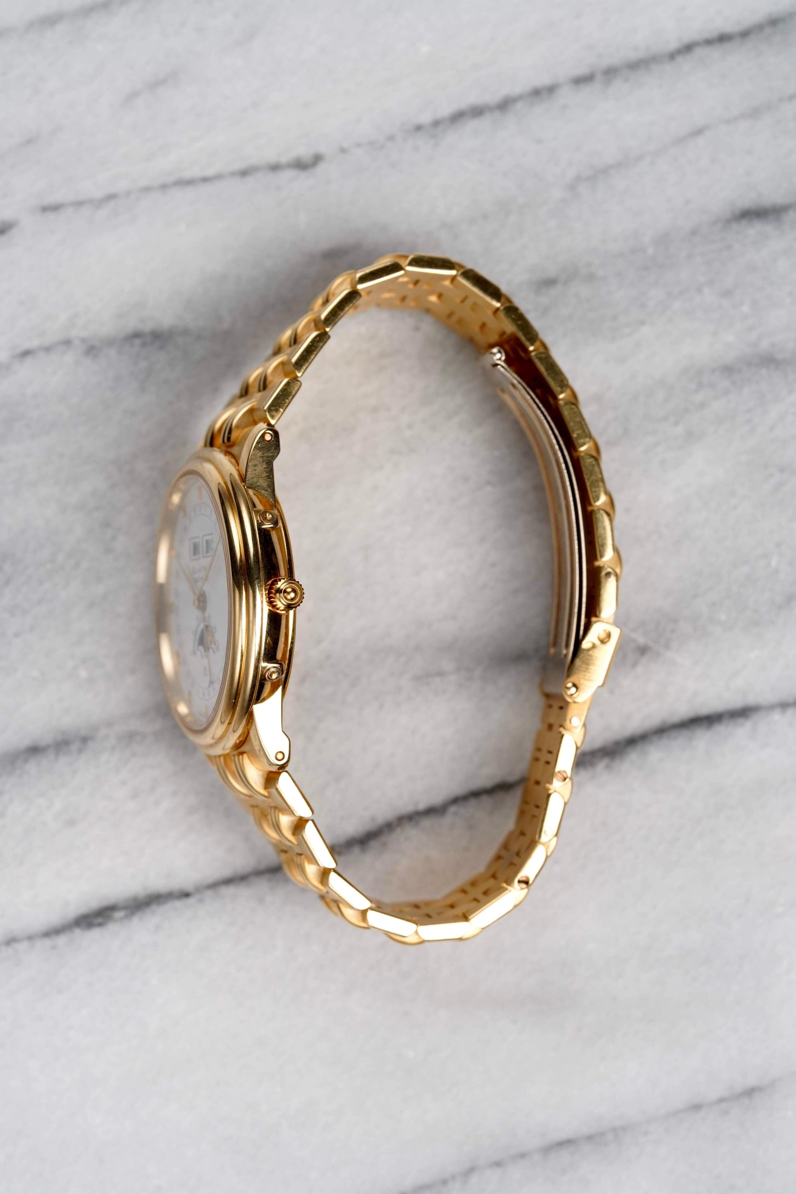 Here's a Blancpain Moonphase Triple Calendar automatic in 18K yellow gold from the 1990s. Keeps great time and is fully functional. Measurements include a 35mm case and 18mm lugs. It’s on its original two-tone braided finish bracelet that fits up to
