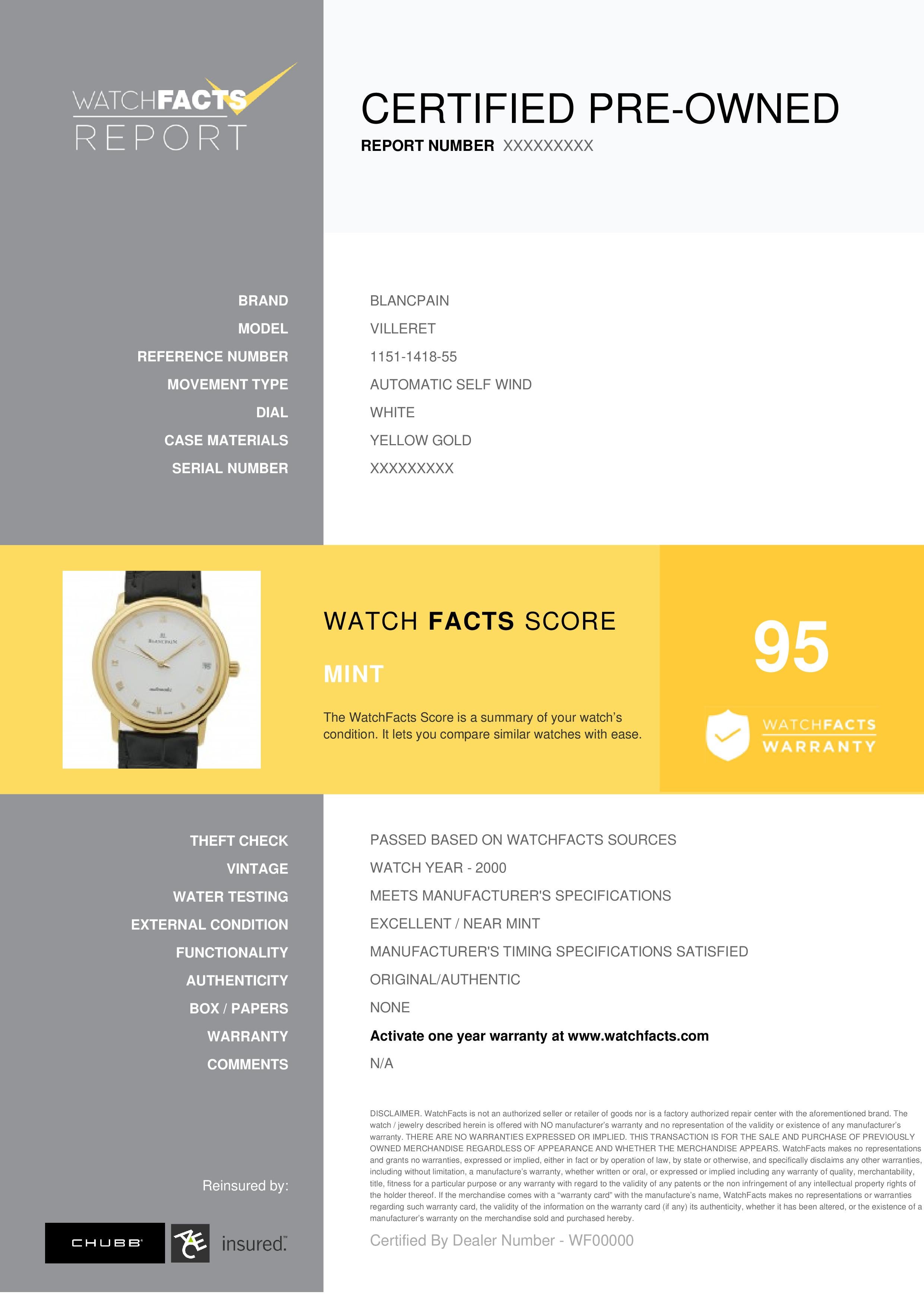 Blancpain Villeret Referenznummer: 1151-1418-55. Herren-Automatikuhr mit Selbstaufzug Gelbgold Weiß 34 MM. Geprüft und zertifiziert von WatchFacts. 1 Jahr Garantie durch WatchFacts angeboten.
