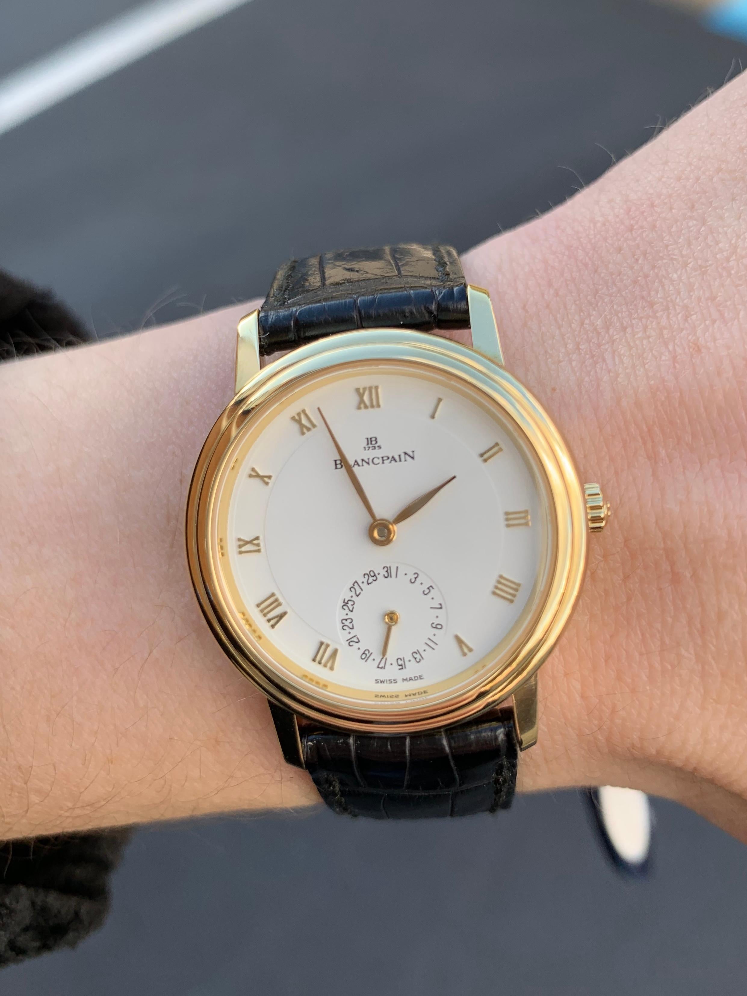 Contemporary Blancpain Villeret 18 Karat Gold Ladies Watch on Black Leather Strap For Sale