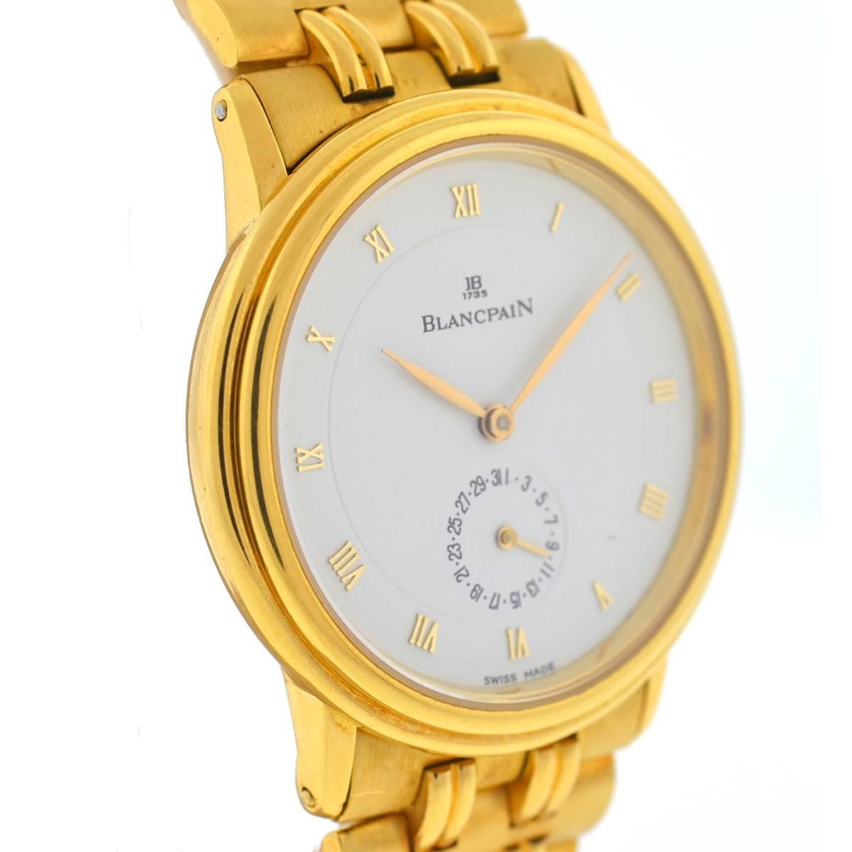 Company - Blancpain
Model - VIlleret 4795
Case Metal - 18kt Yellow Gold
Case Size - 37mm
Dial - White
Weight - 125.5g
Bracelet - 18kt Yellow Gold
Crystal - Sapphire Crystal
Movement - Automatic
Features - Hours, Minutes, Date
Includes - Watch