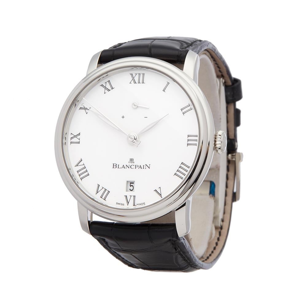Reference: COM1687
Manufacturer: Blancpain
Model: Villeret
Model Reference: 6613-3403-55B
Age: 15th July 2012
Gender: Men's
Box and Papers: Box, Manuals and Guarantee
Dial: White Roman
Glass: Sapphire Crystal
Movement: Mechanical Wind
Water