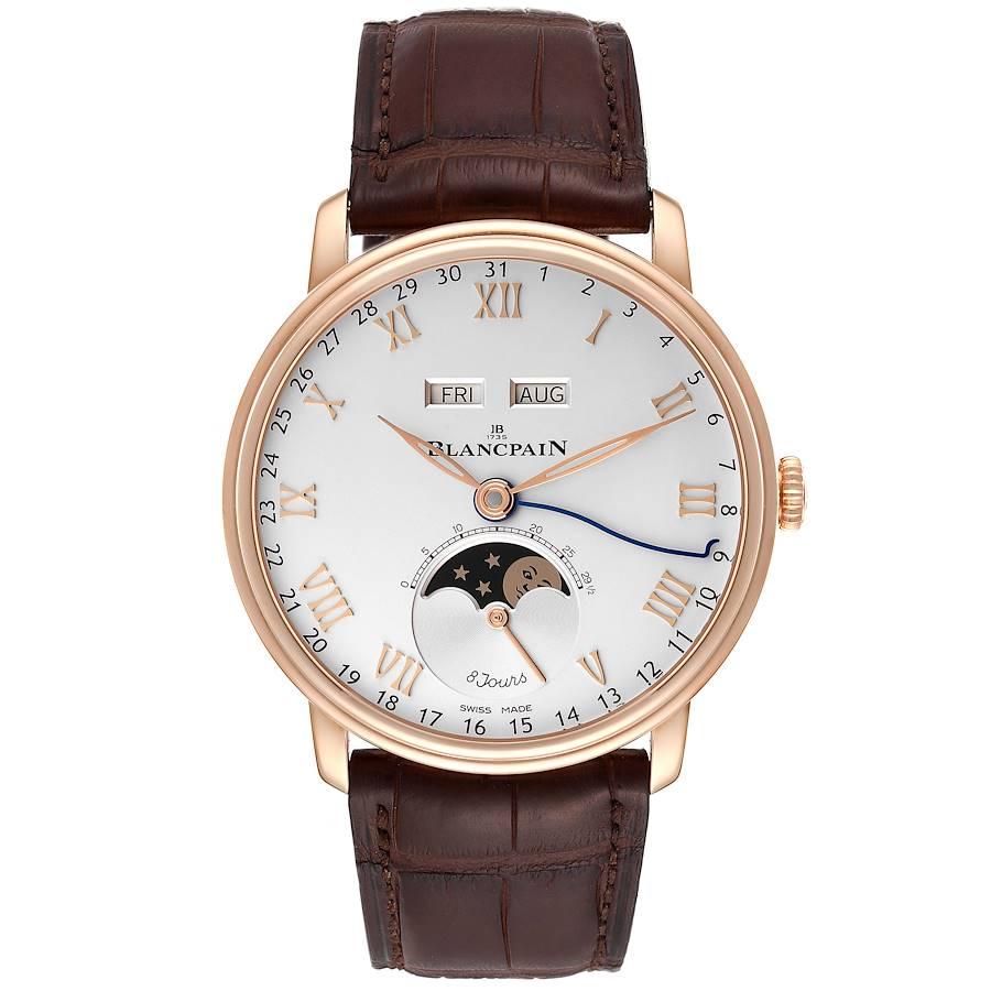 Blancpain Villeret Complete Calendar 8 Days Rose Gold Watch 6639 Box Card. Automatic self-winding movement. Functions: full calendar, moon phase, column wheel, date, day, hour, minute, second. 18K rose gold case 42.0 mm in diameter. Case thickness: