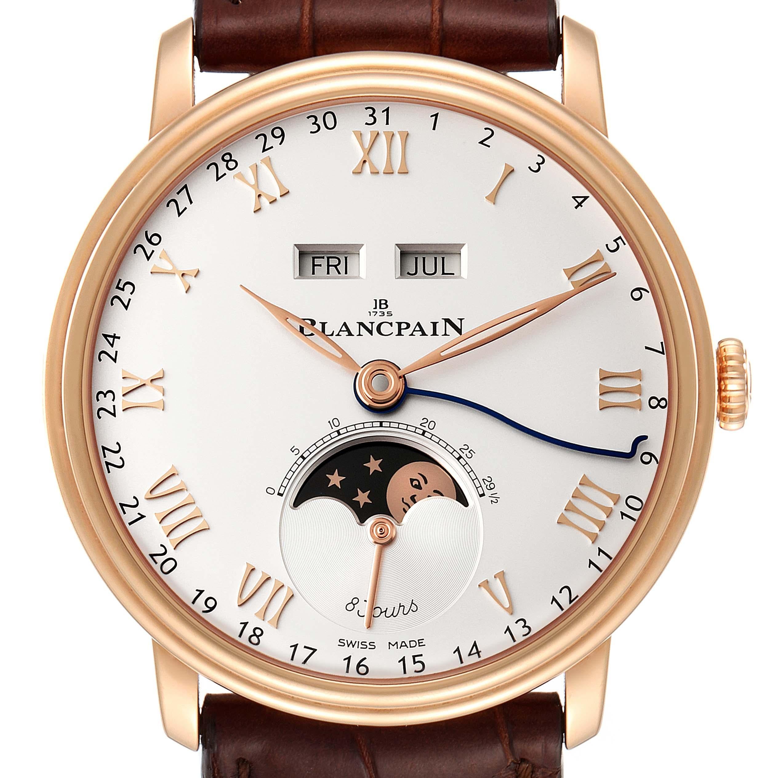 Blancpain Villeret Complete Calendar 8 Days Rose Gold Watch 6639 Box Papers. Automatic self-winding movement. Functions: full calendar, moon phase, column wheel, date, day, hour, minute, second. 18K rose gold case 42.0 mm in diameter. Case