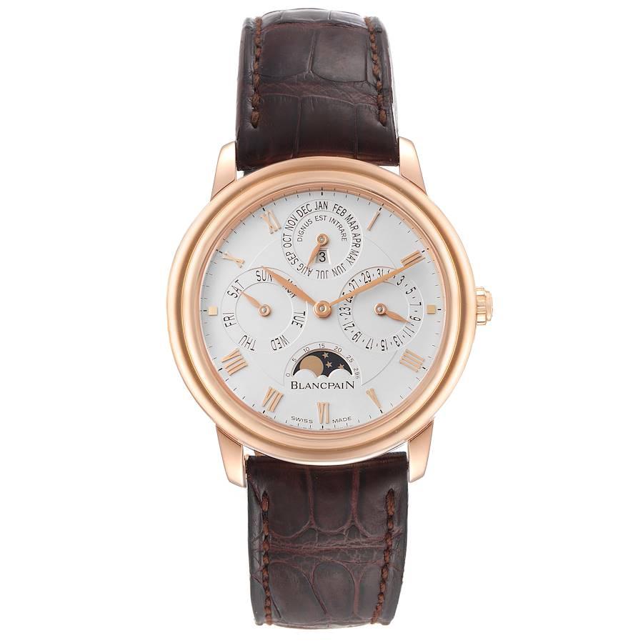 Blancpain Villeret Perpetual Calendar 38mm Rose Gold Mens Watch 6056. Automatic self-winding movement. 18K rose gold case 38.0 mm in diameter. Case thickness: 10 mm. Exhibition transparent sapphire crystal case back. 18K rose gold bezel. Scratch