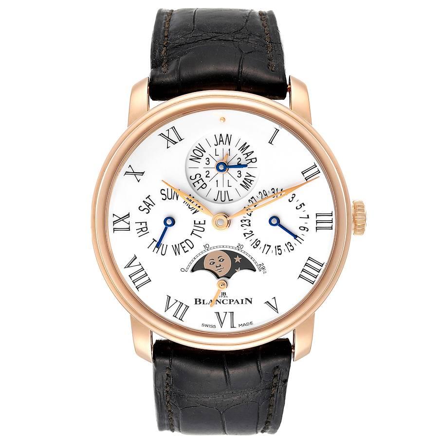 Blancpain Villeret Perpetual Calendar 8 Days Rose Gold Watch 6659 Box Card. Automatic self-winding movement. Functions: perpetual calendar, moon phase. 18K rose gold case 42.0 mm in diameter. Case thickness: 13.5 mm. Exhibition transparent sapphire