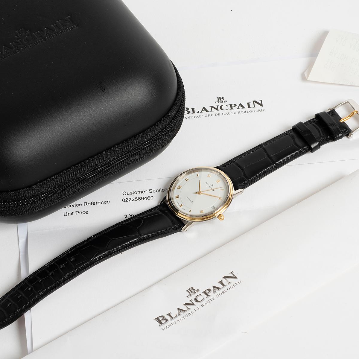 Our rare Blancpain Villeret reference 0095-1318 features an 18k yellow gold and stainless steel 33.5mm case with white Roman numeral dial with date function. Benefitting from a full service in 2021 at Blancpain UK, including a new dial, crown,