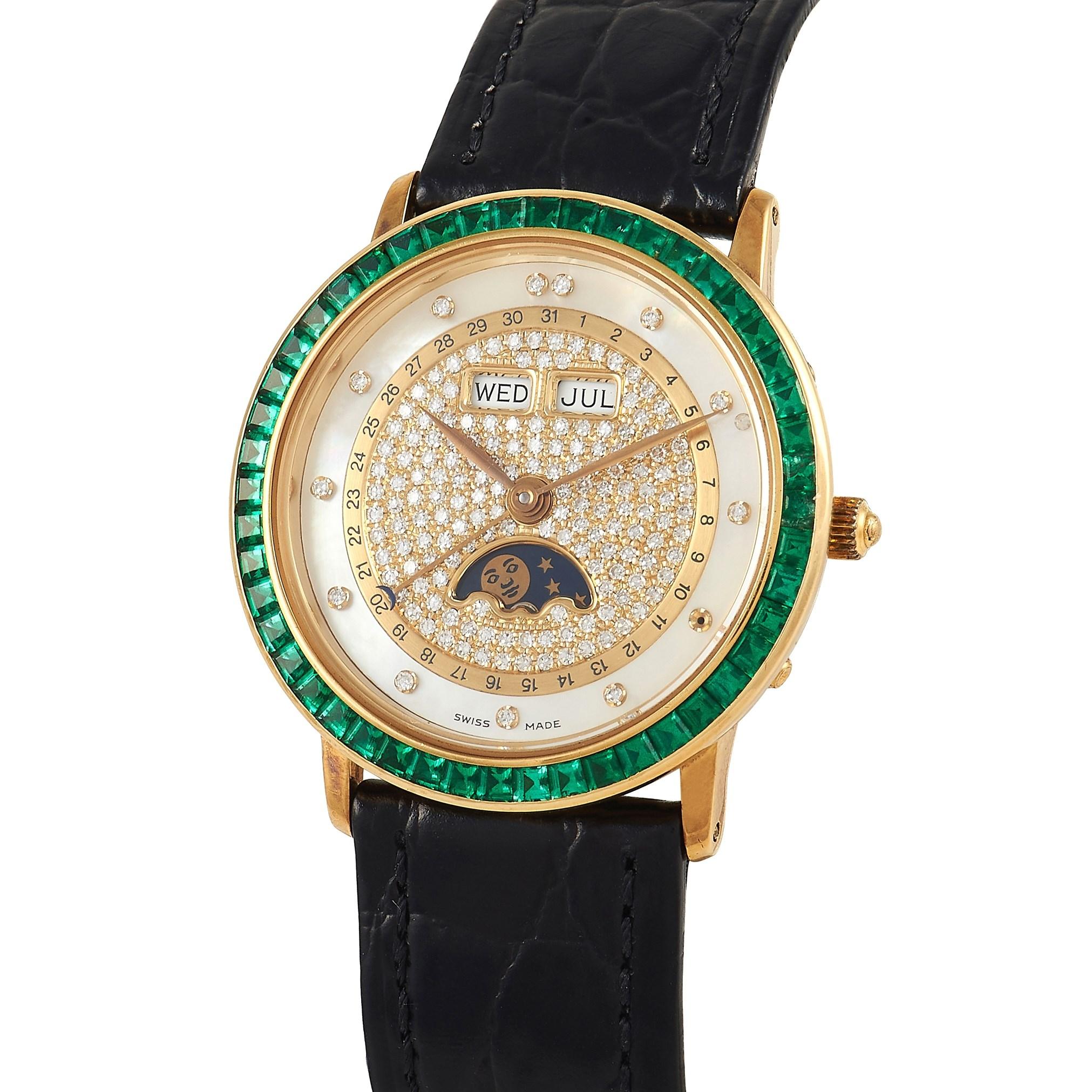 With a little bit of color and a little bit of sparkle, this Blancpain Villeret Date Moon Phase Diamond Ladies Watch will charm you with its feminine spirit. It comes with a yellow gold case paired with a bezel set with green gemstones. The dial is