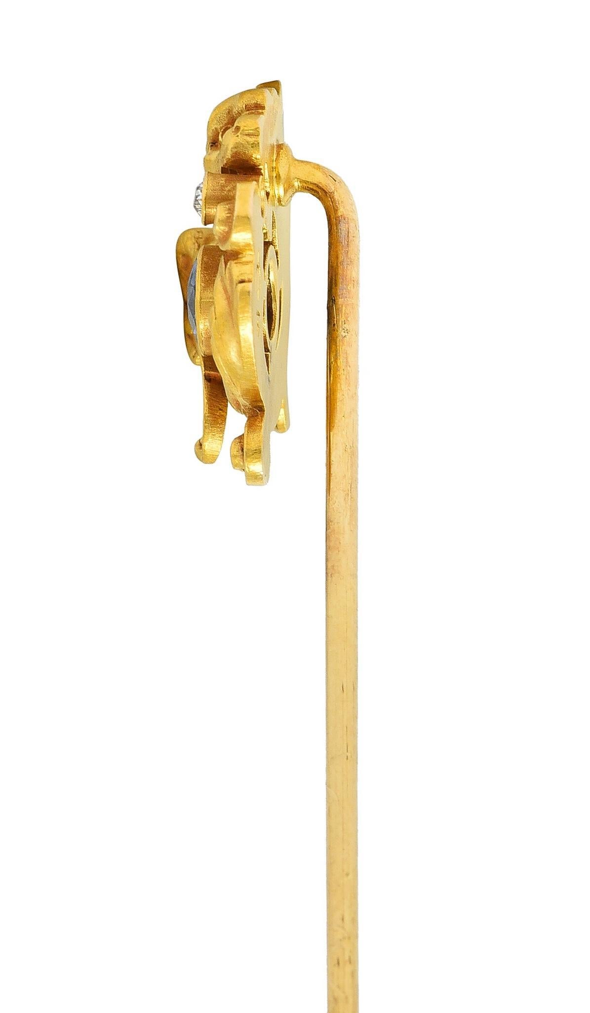 Round Cut Blank & Co. Art Nouveau Sapphire Diamond 14 Karat Yellow Gold Griffin Stickpin