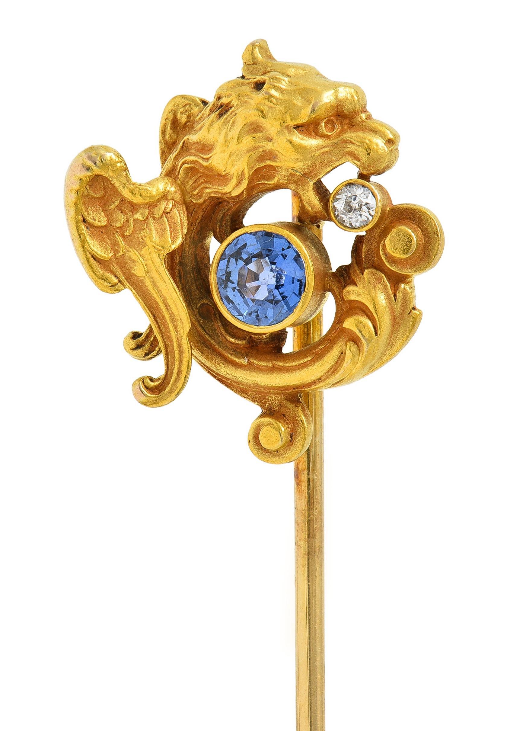 Blank & Co. Art Nouveau Sapphire Diamond 14 Karat Yellow Gold Griffin Stickpin 4
