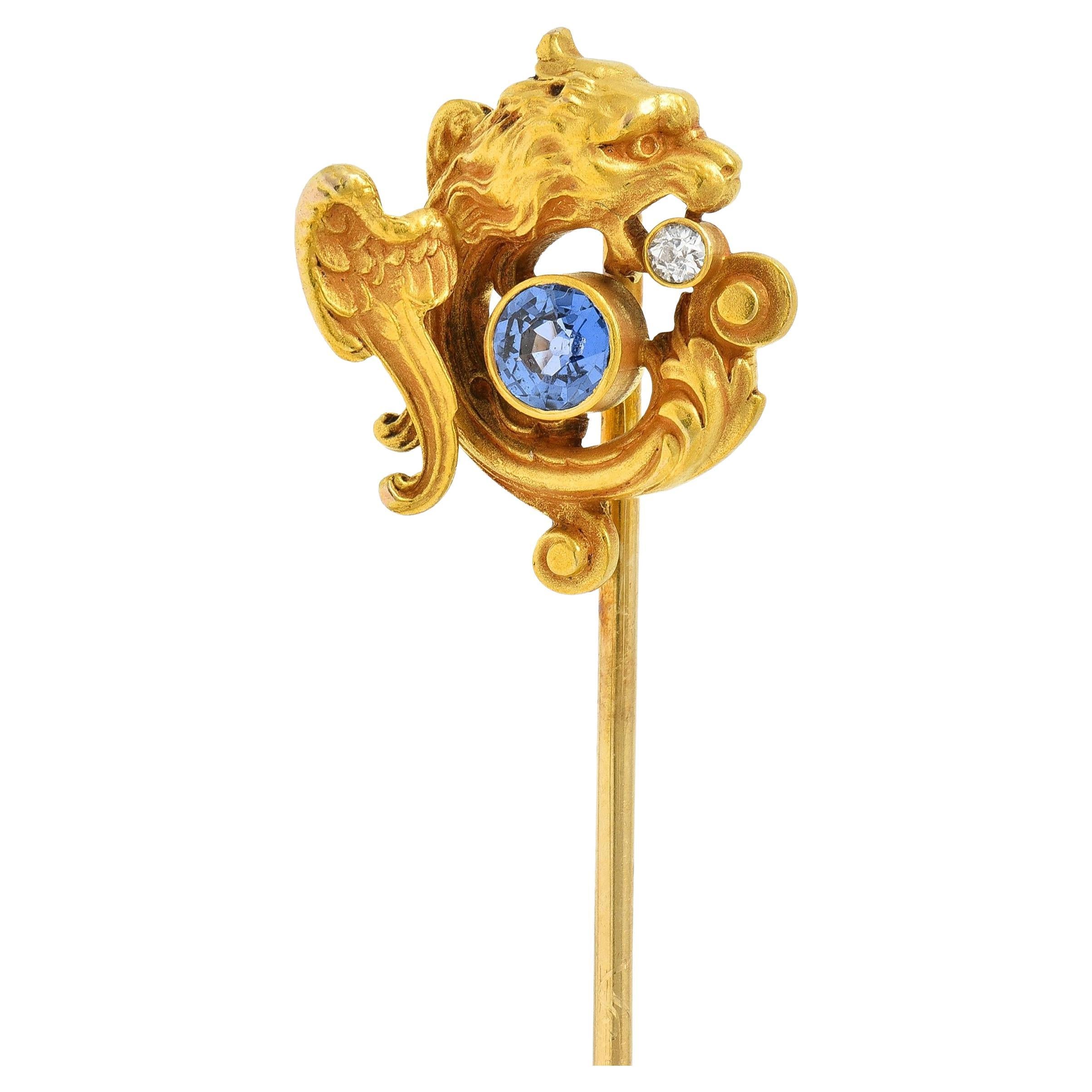 Blank and Co. Art Nouveau Sapphire Diamond 14 Karat Yellow Gold Griffin ...