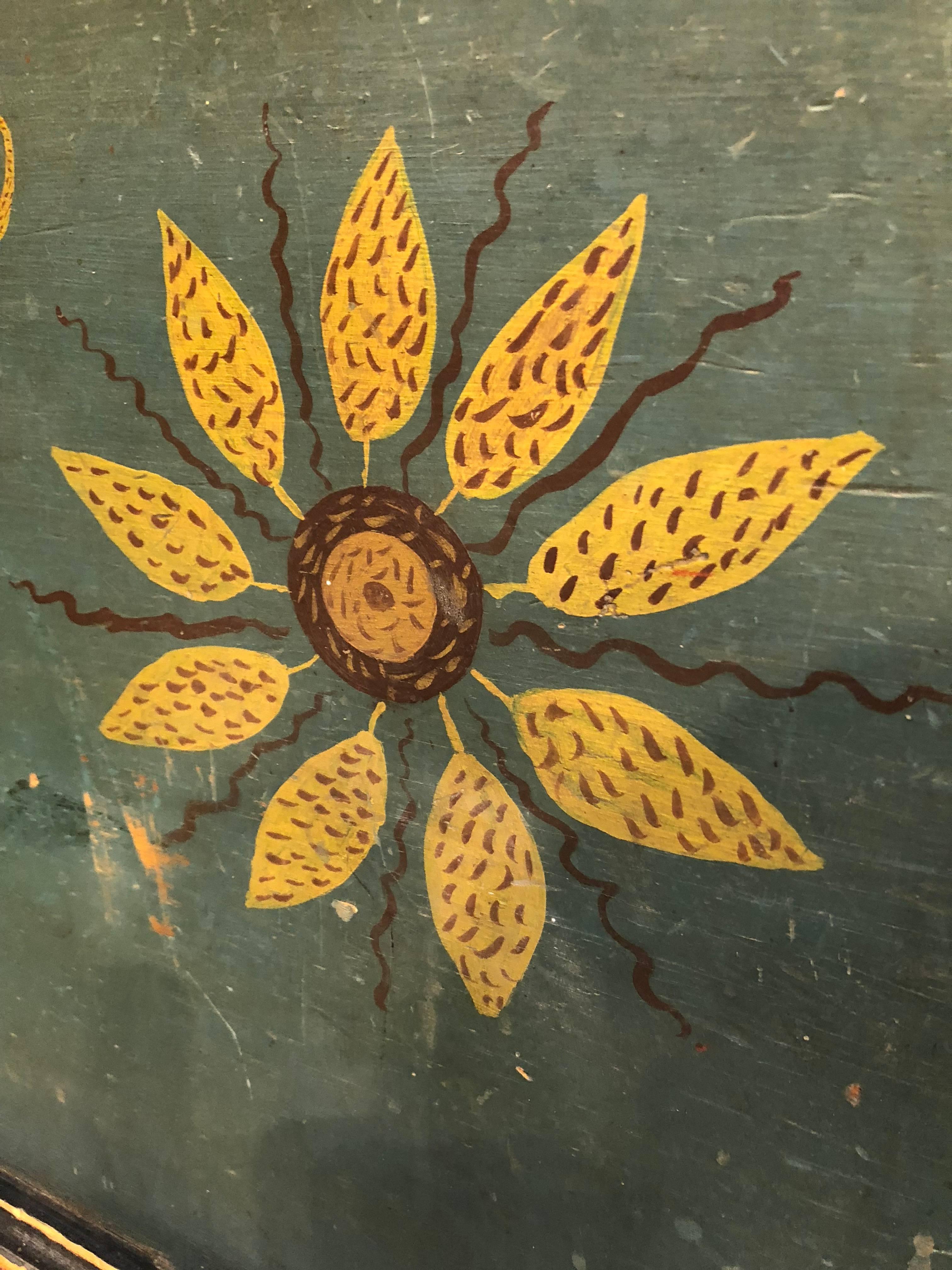 American Colonial Blanket Chest Diminutive Decorated Blue with Sunflowers Rare Delaware circa 1820 For Sale