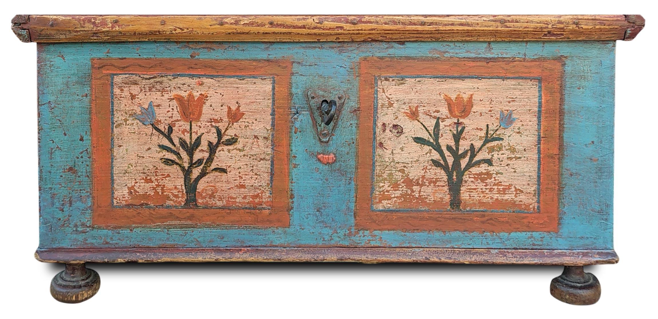 Arcón para mantas - Pintado con motivos florales Principios del siglo XIX Abeto en venta