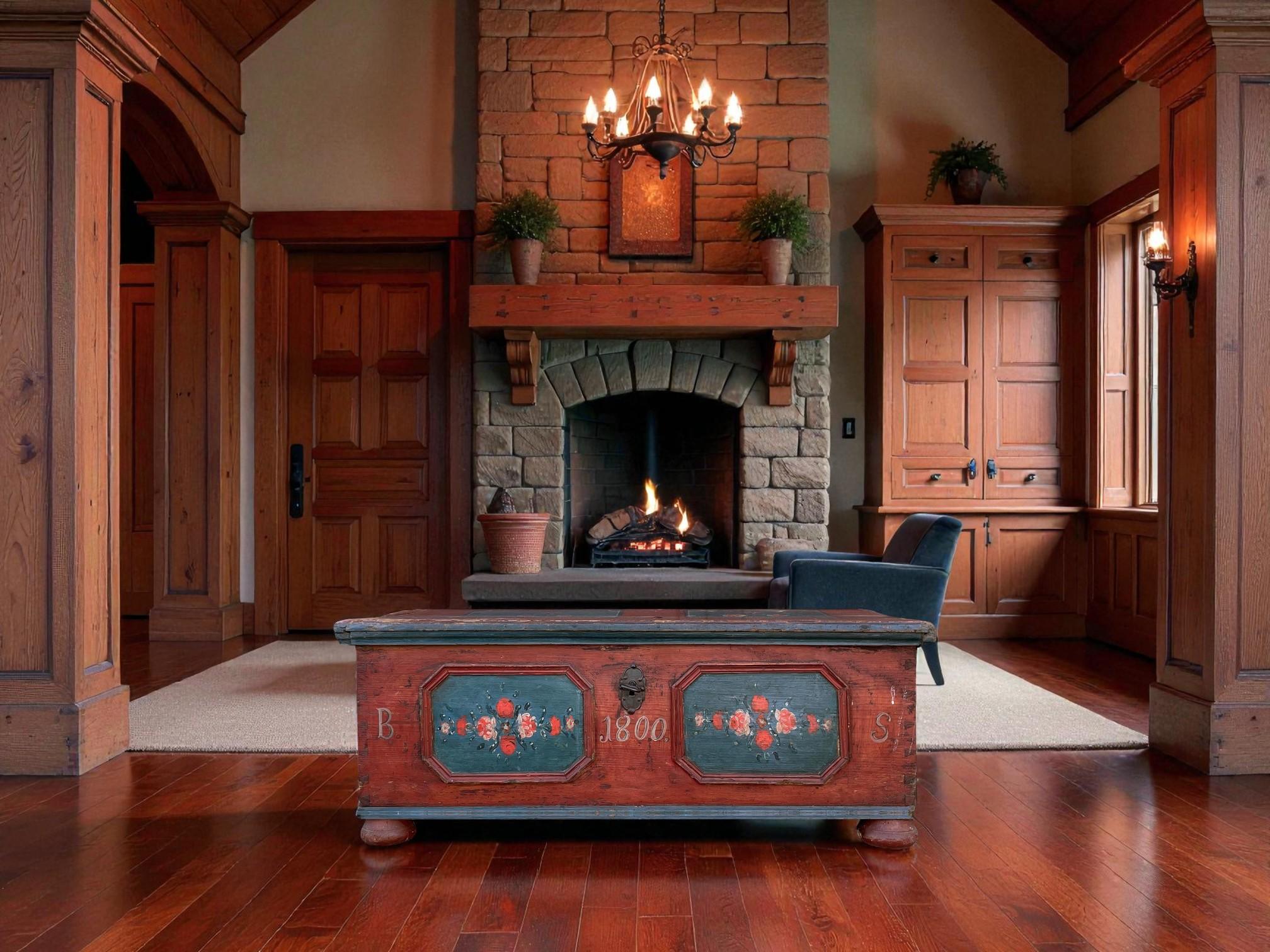 Deckentruhe - Rot Floral Gemalt 1800 (Tannenholz) im Angebot