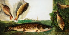 Oleo tela y adherido a tabla - Composición con peces