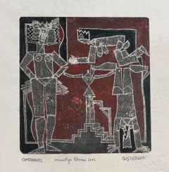 "Comediantes". Monotype symboliste coloré à la main. Technique mixte sur papier fait main.