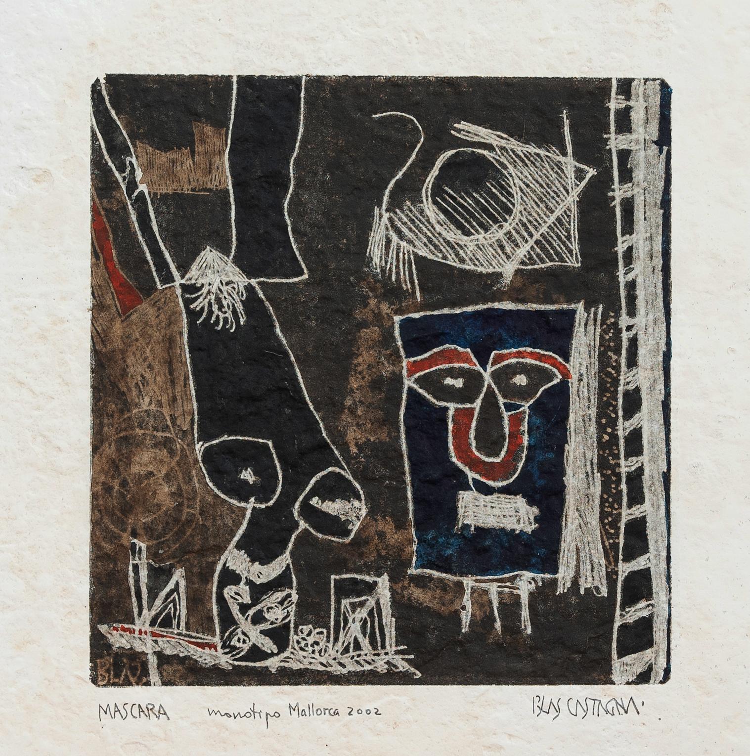 "Máscara". Monotype symboliste coloré à la main. Technique mixte sur papier fait main.