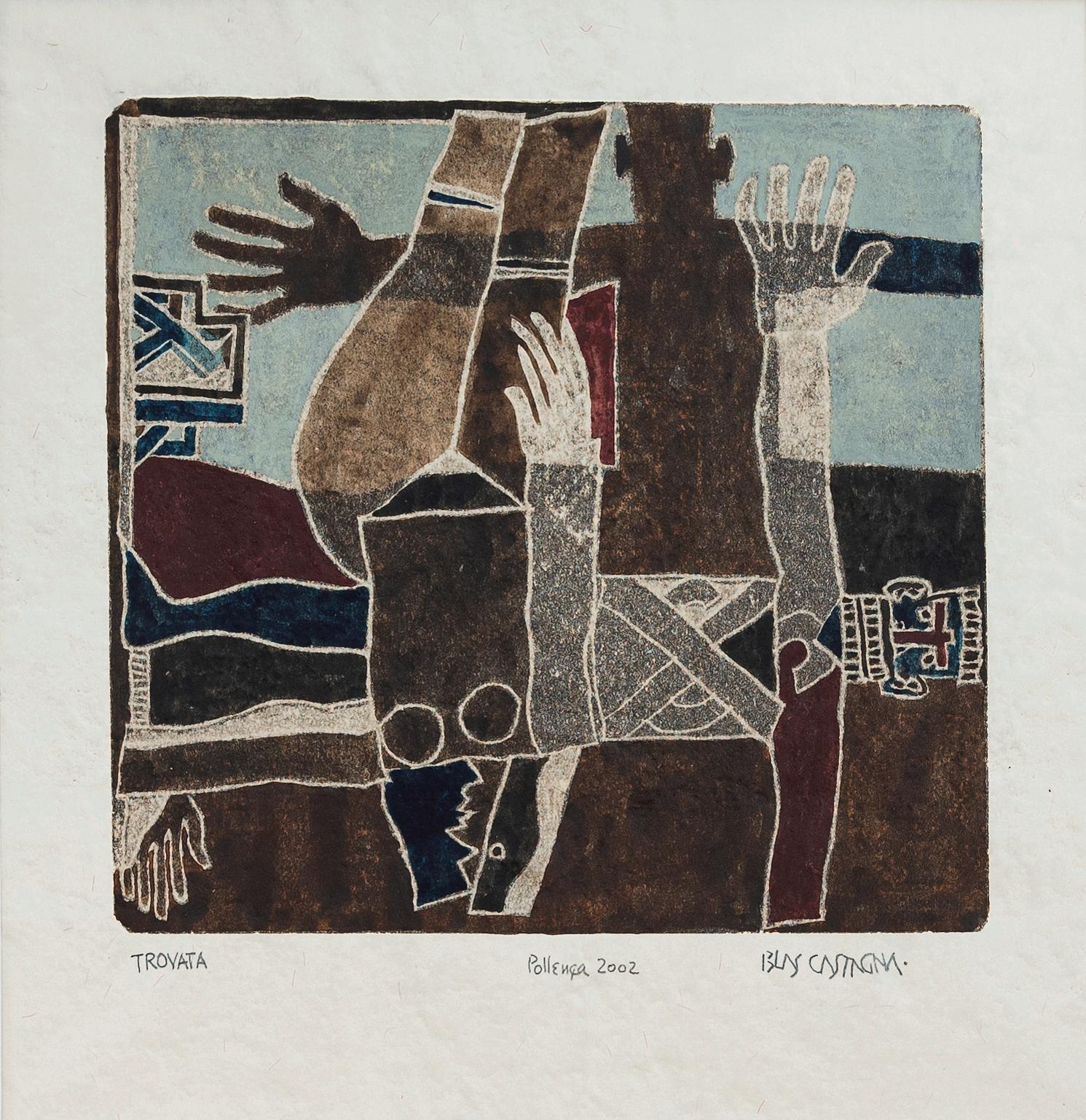 "Trovata". Monotype symboliste. Technique mixte sur papier fait main.