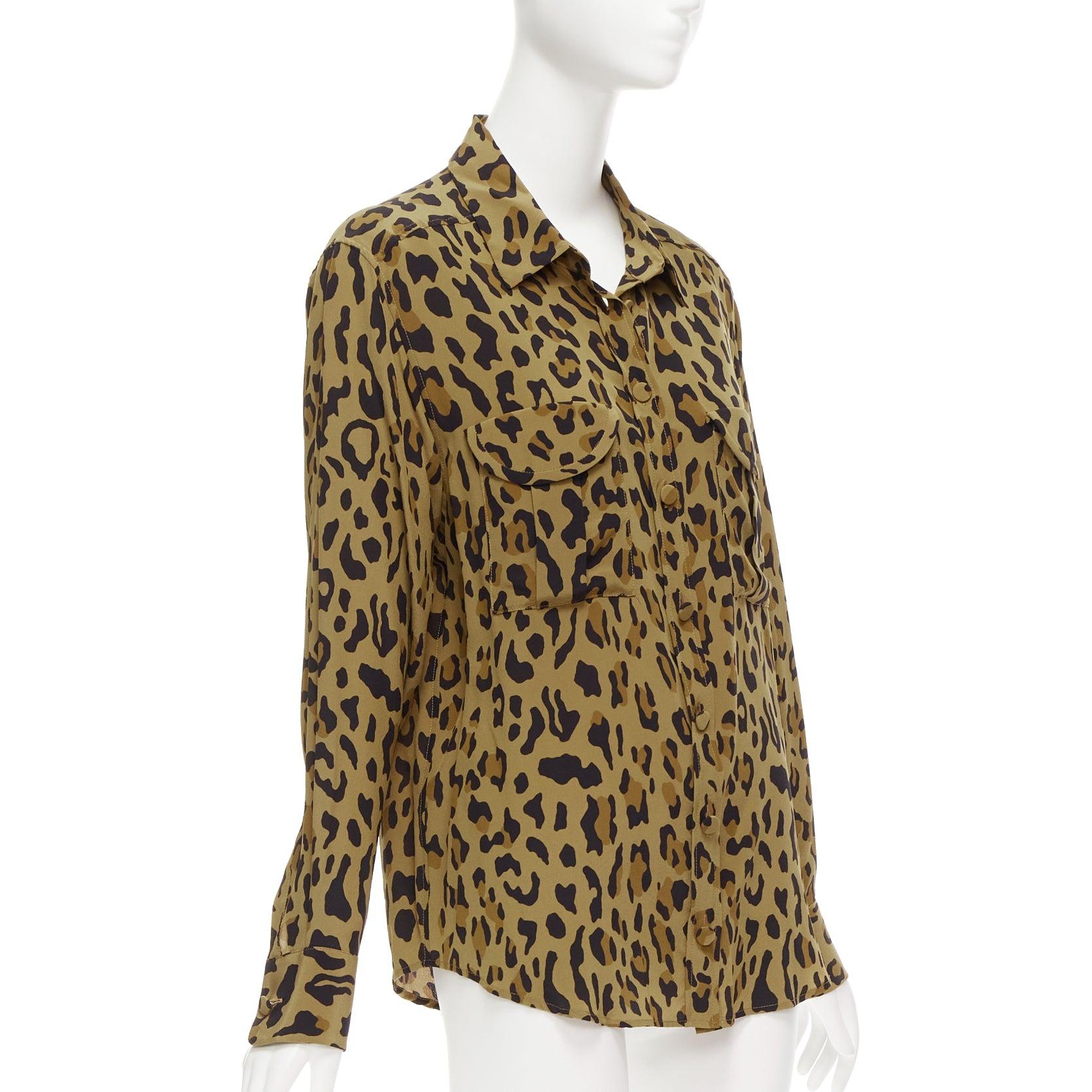 Brown BLAZE MILANO 100% silk brown leopard print wrap button casual shirt Sz.1 S For Sale
